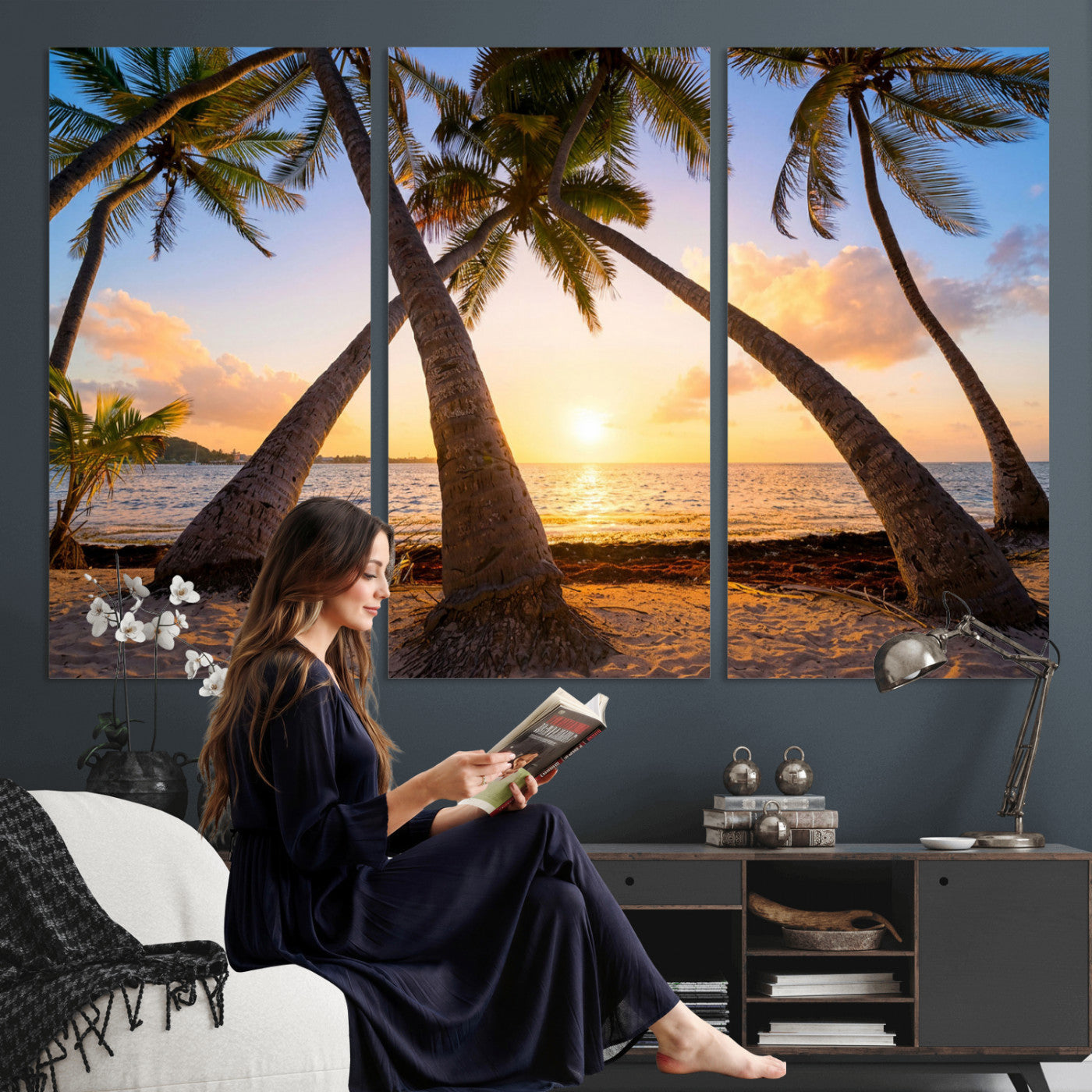 75123213-MGV-CV-36X24 - Tropical Island Coconut Palm Trees Sunset Wall Art Canvas Print - Turquoise Beach Print for Nautical Home Decor
