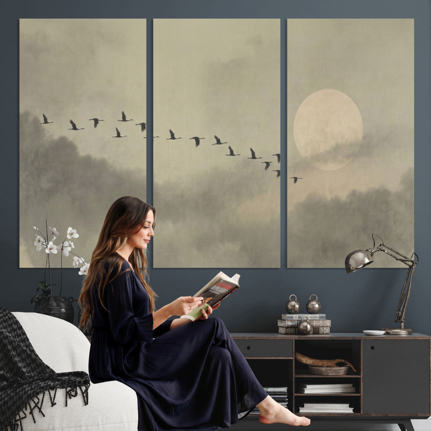12098149-MGV-CV-36X24 - Flock of Birds Flying to Full Moon Wall Art Canvas Print - Vintage Surreal Clouds Painting