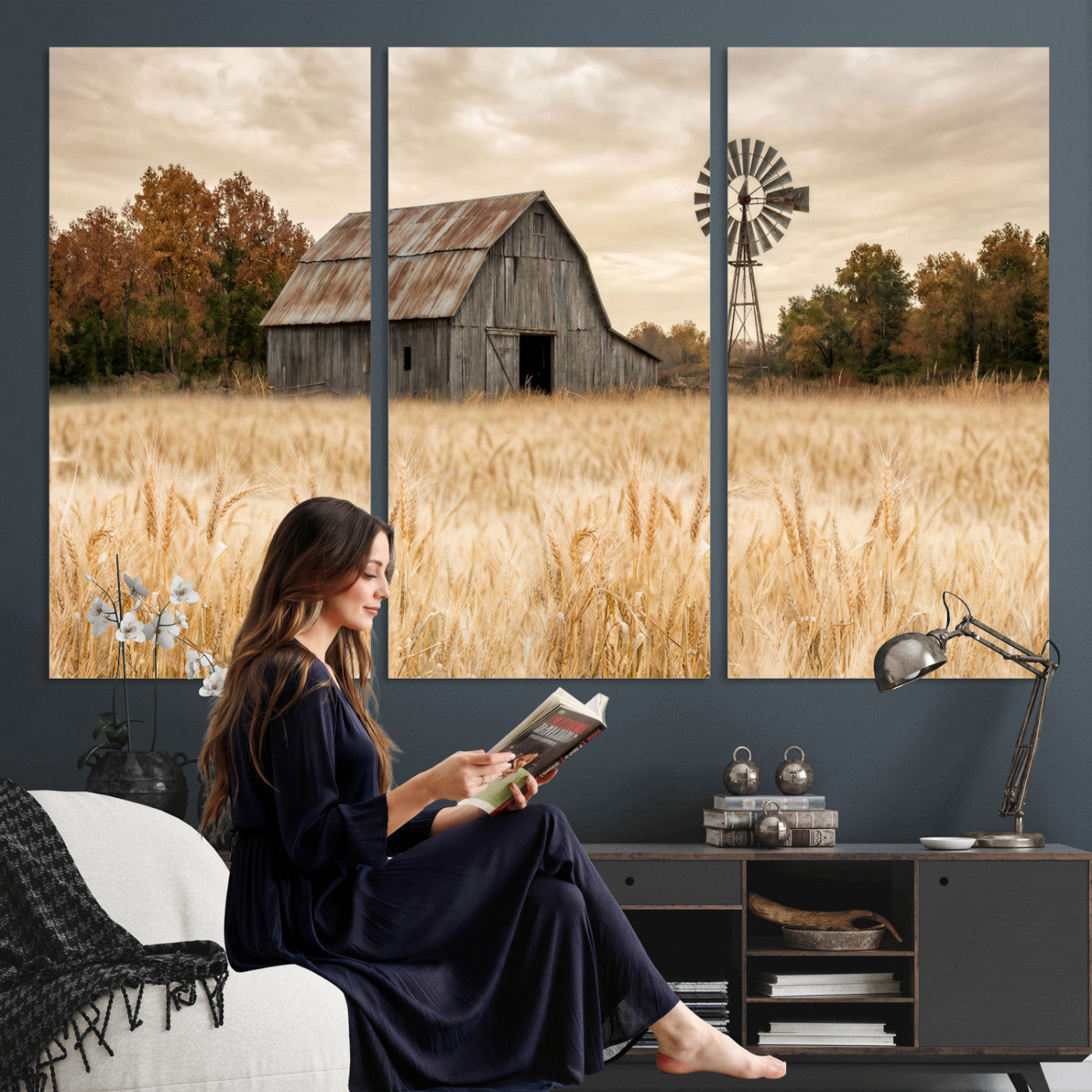 99640659-MGV-CV-36X24 - Rustic Farmhouse Barn and Windmill Wall Art Canvas Print, Country Landscape Photography Print