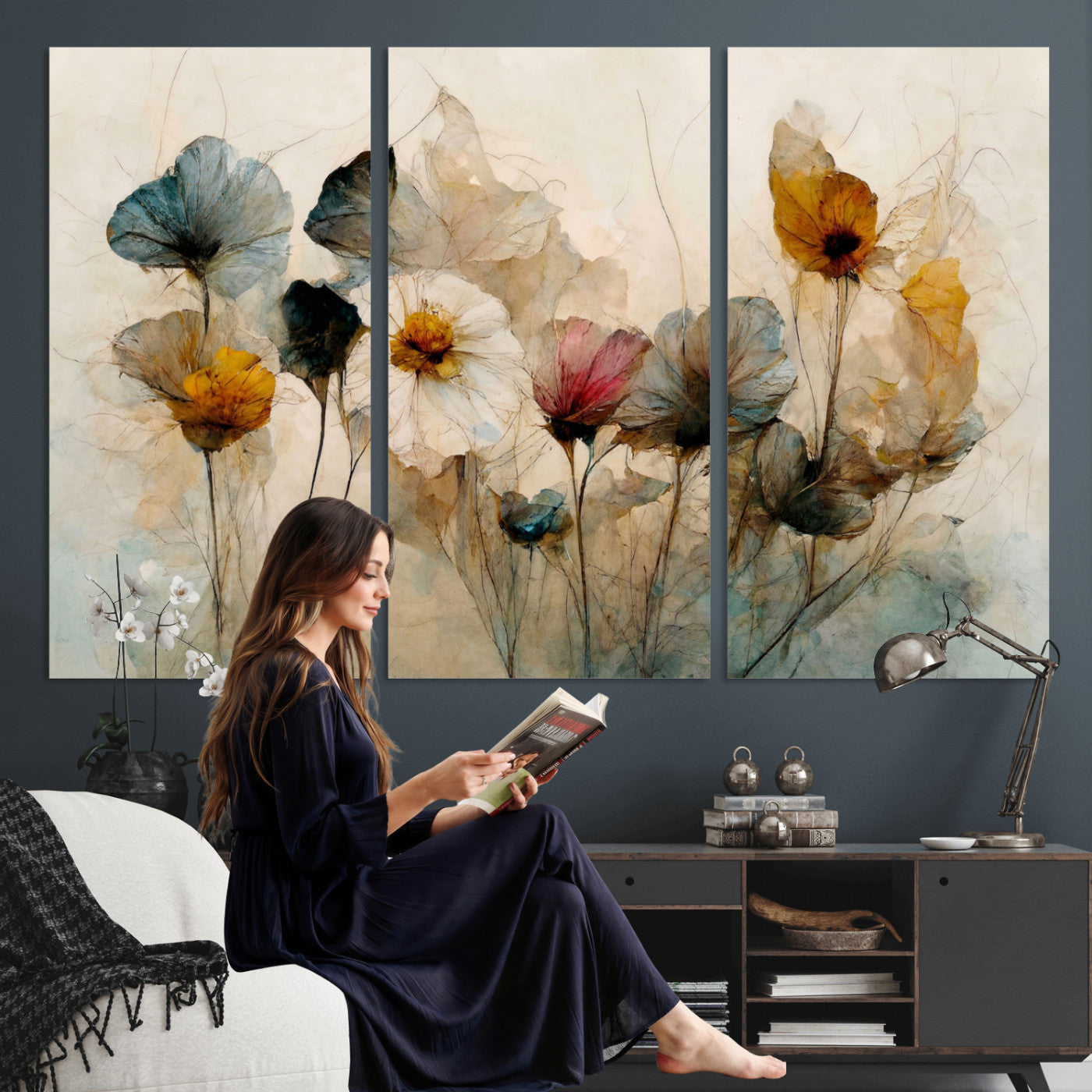 86802229-MGV-CV-36X24 - Vintage Dried Floral Meadow Wall Art Canvas Print, Translucent Watercolor Flowers Painting Print