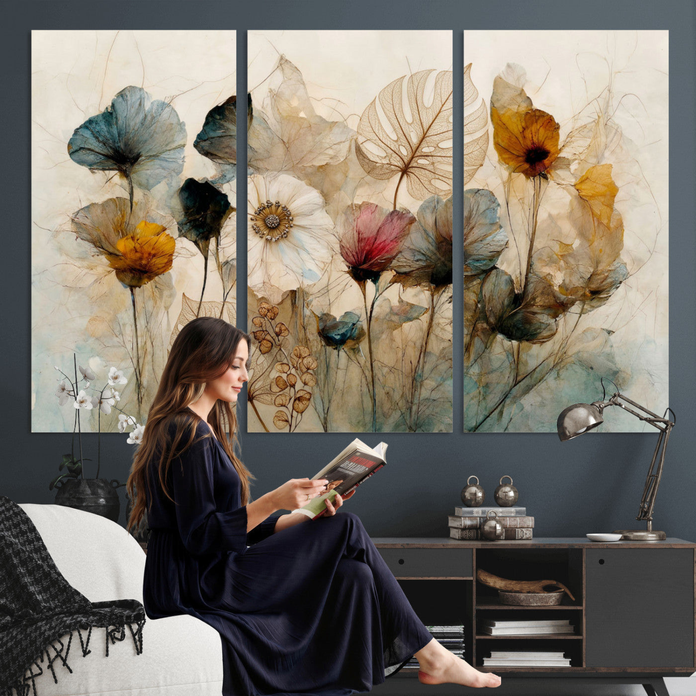 93171612-MGV-CV-36X24 - Vintage Dried Floral Meadow Wall Art Canvas Print, Translucent Watercolor Flowers Painting Print