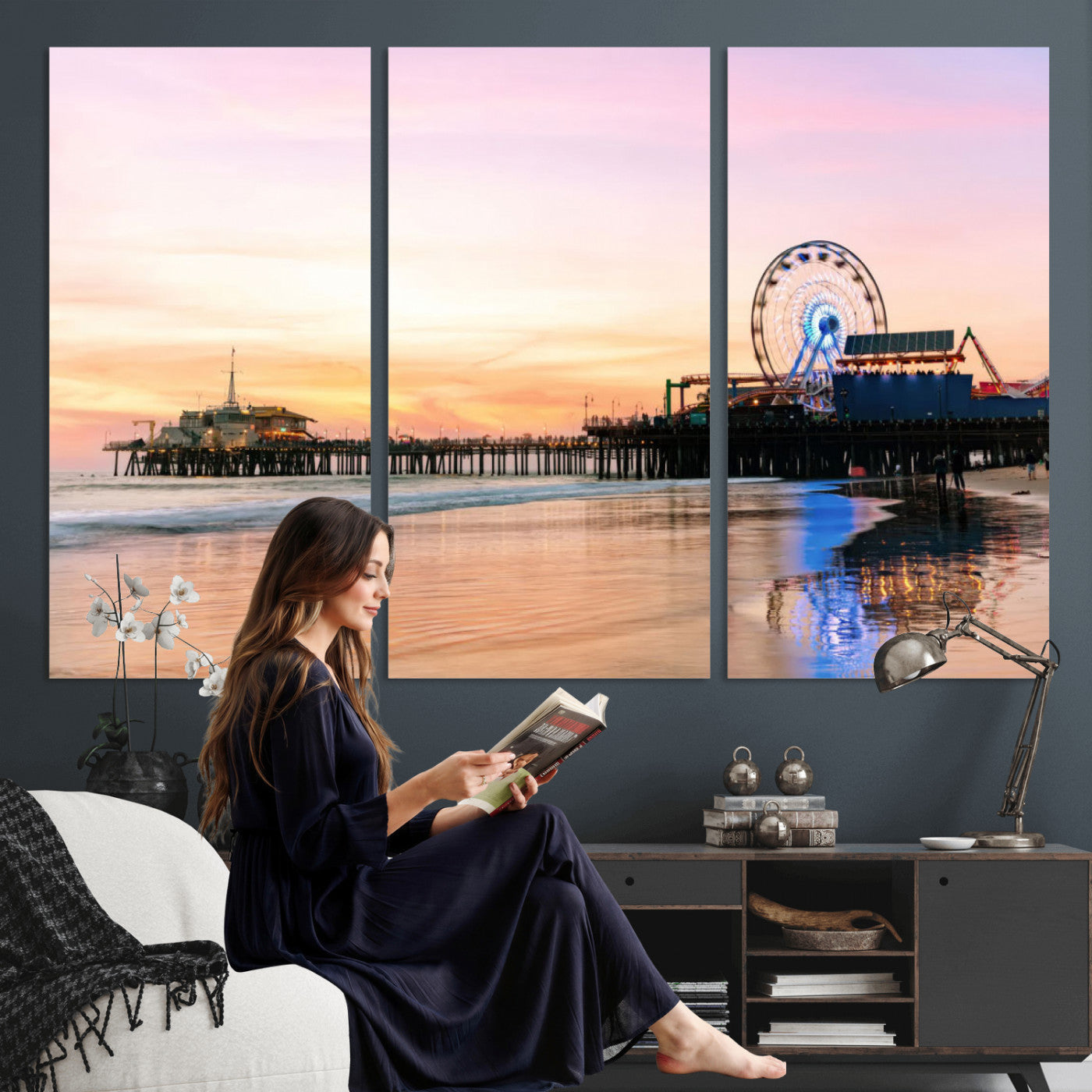 27381272-MGV-CV-36X24 - Santa Monica Pier Sunset Beach Wall Art Canvas Print, California Ferris Wheel Photo Print