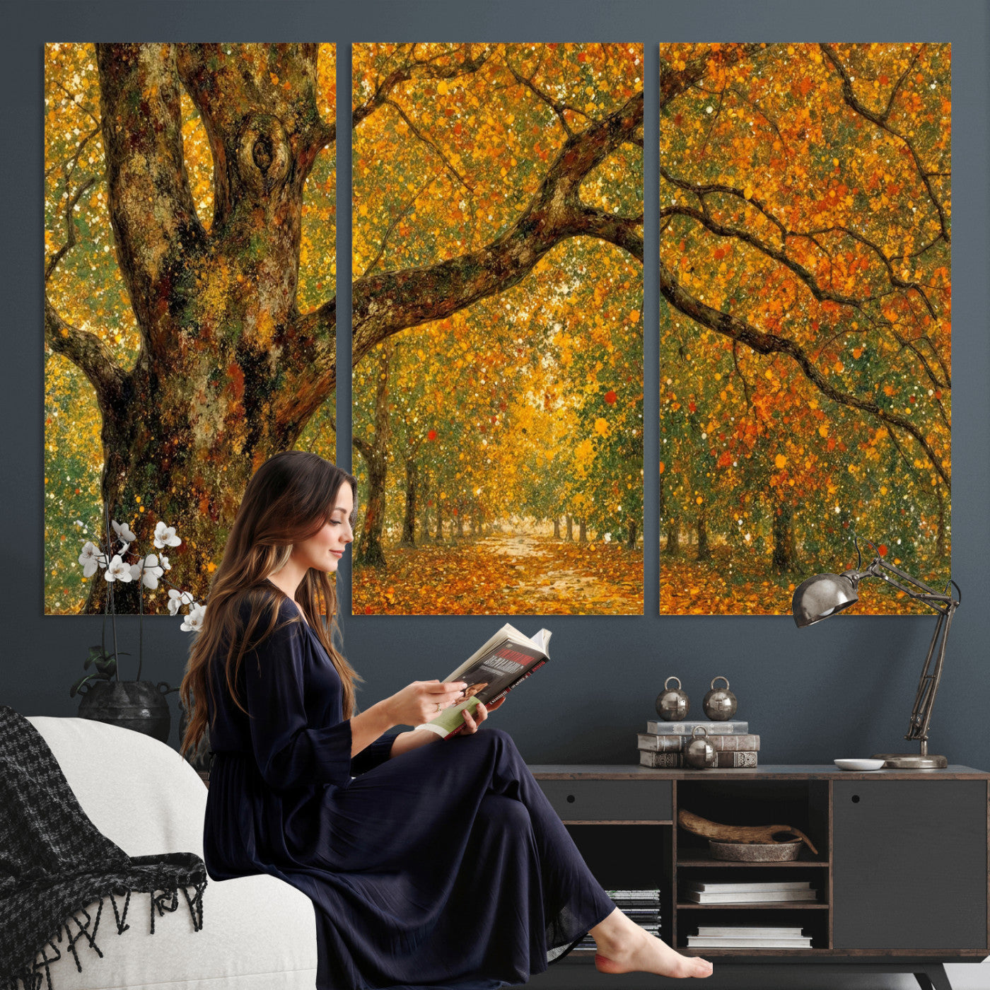 11536138-MGV-CV-36X24 - Vintage Autumn Forest Path Wall Art Canvas Print, Golden Leaves Impressionist Painting Print
