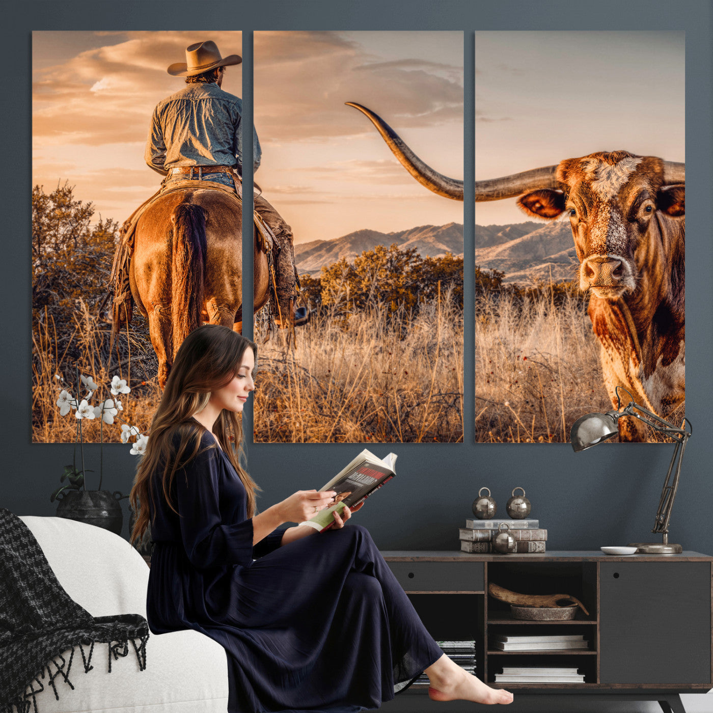 62076449C-MGV-CV-36X24 - Texas Cowboy and Longhorn Bull Print for Western Wall Art Decor for Farmhouse
