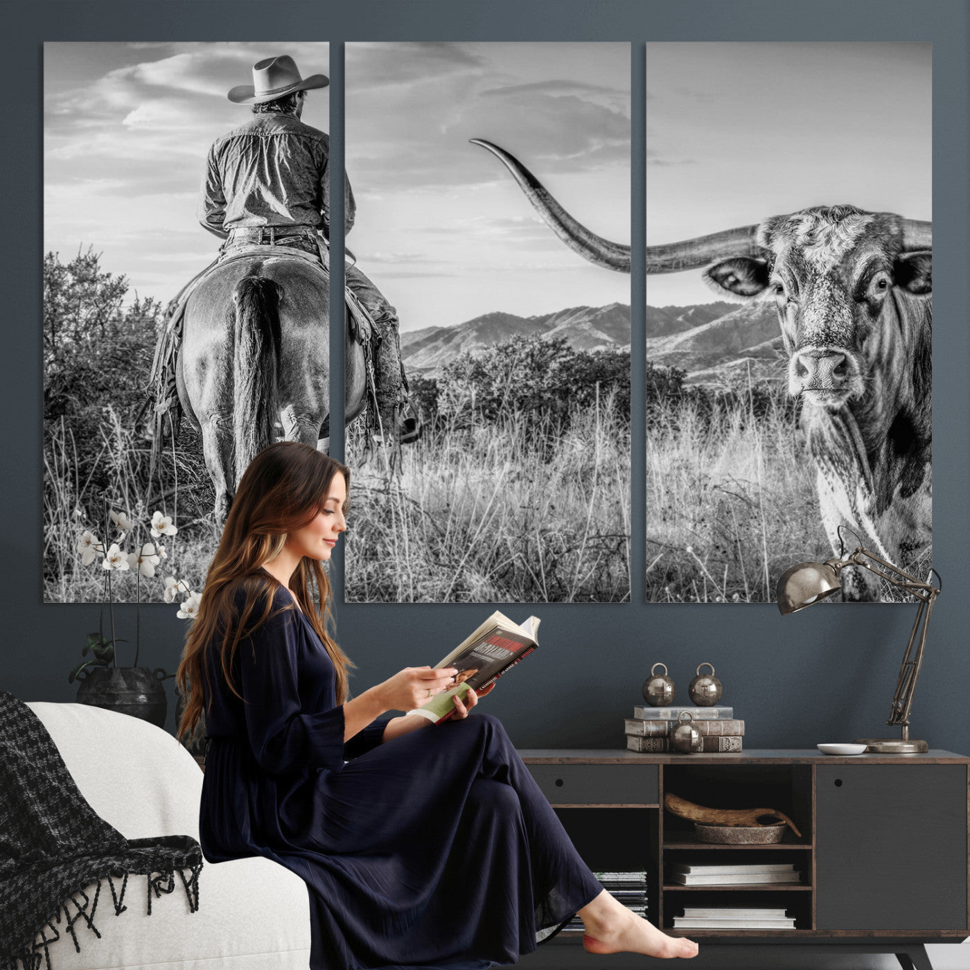 62076449WB-MGV-CV-36X24 - Texas Cowboy and Longhorn Bull Print for Western Wall Art Decor for Farmhouse