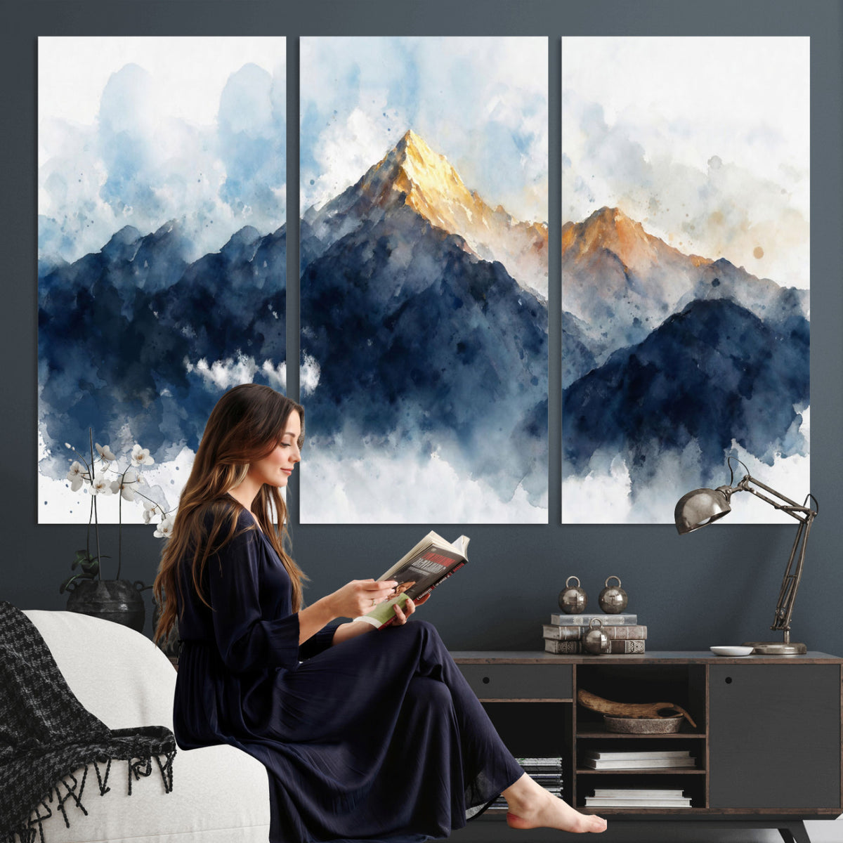 62076449DG1-MGV-CV-36X24 - Abstract Watercolor Mountain Lake Wall Art Print for Living Room Decor