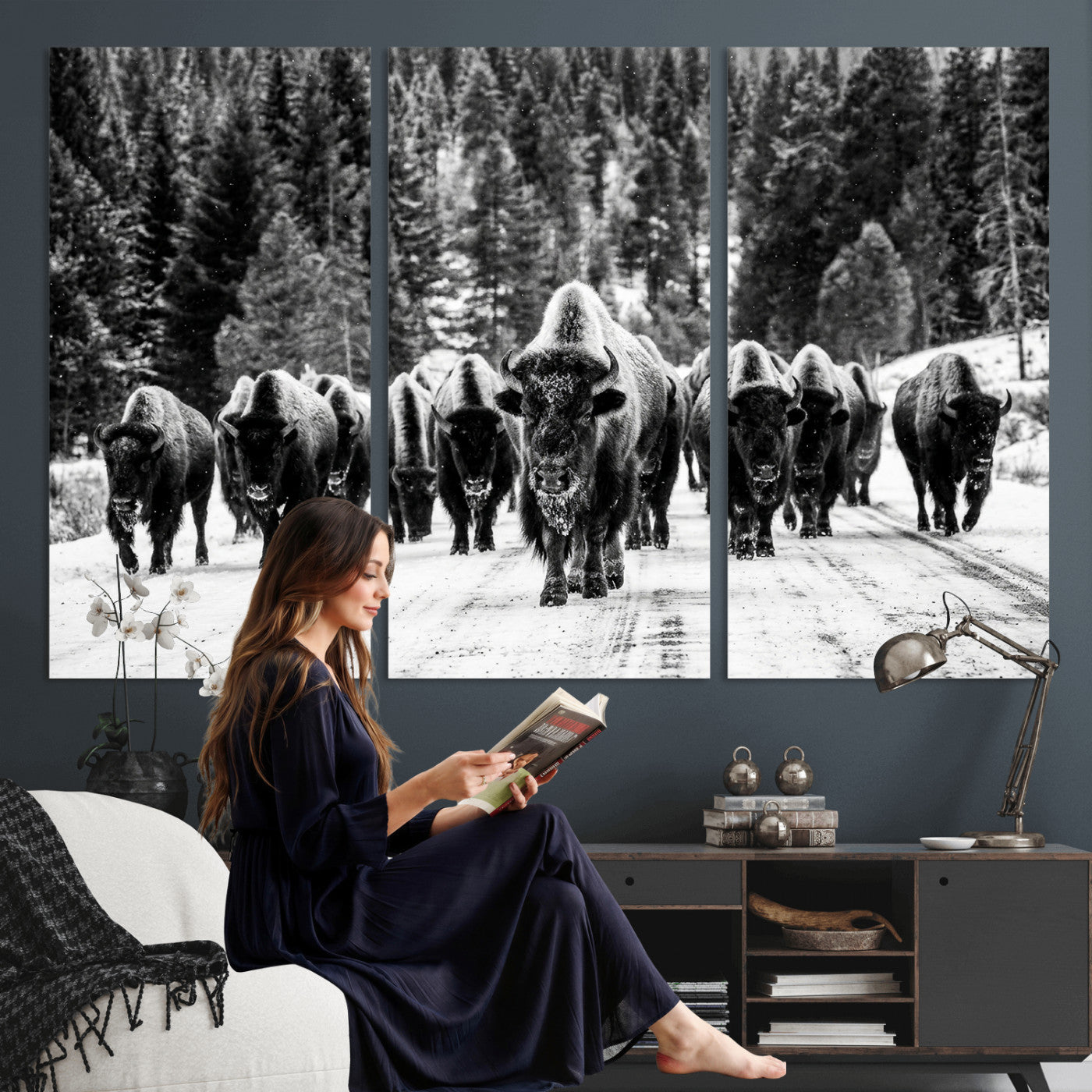 79337077-MGV-CV-36X24 - Black and White Bison Canvas Art, American Buffalo Print, Winter Wildlife Photography, Rustic Forest Wall Decor, Large Statement Nature Gift