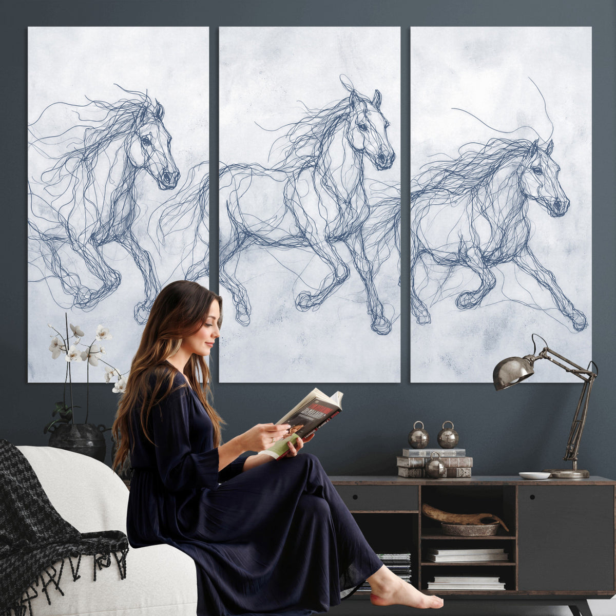 41163601-MGV-CV-36X24 - Indigo Blue Horse Line Art Canvas, Steel Grey Wild Horses Print, Abstract Navy Scribble Artwork, Modern Slate Equine Wall Decor, Coastal Ranch Gift