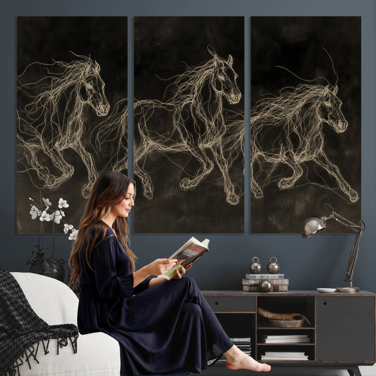 15344242-MGV-CV-36X24 - Dark Horse Line Art Canvas, Gold Scribble Wild Horses Print, Black Chalkboard Wall Art, Modern Luxury Equine Decor, Masculine Office Gift