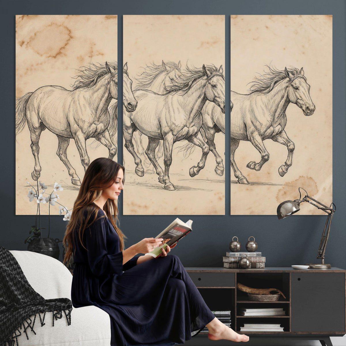 16644391-MGV-CV-36X24 - Vintage Horse Sketch Canvas Wall Art, Wild Horses Pencil Drawing Print, Antique Parchment Western Decor, Equine Sketching, Country Manor Gift