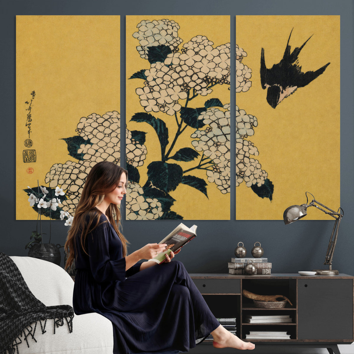 92483501-MGV-CV-36X24 - Katsushika Hokusai Hydrangea and Swallow Wall Art Canvas Print, Japanese Woodblock Painting Print