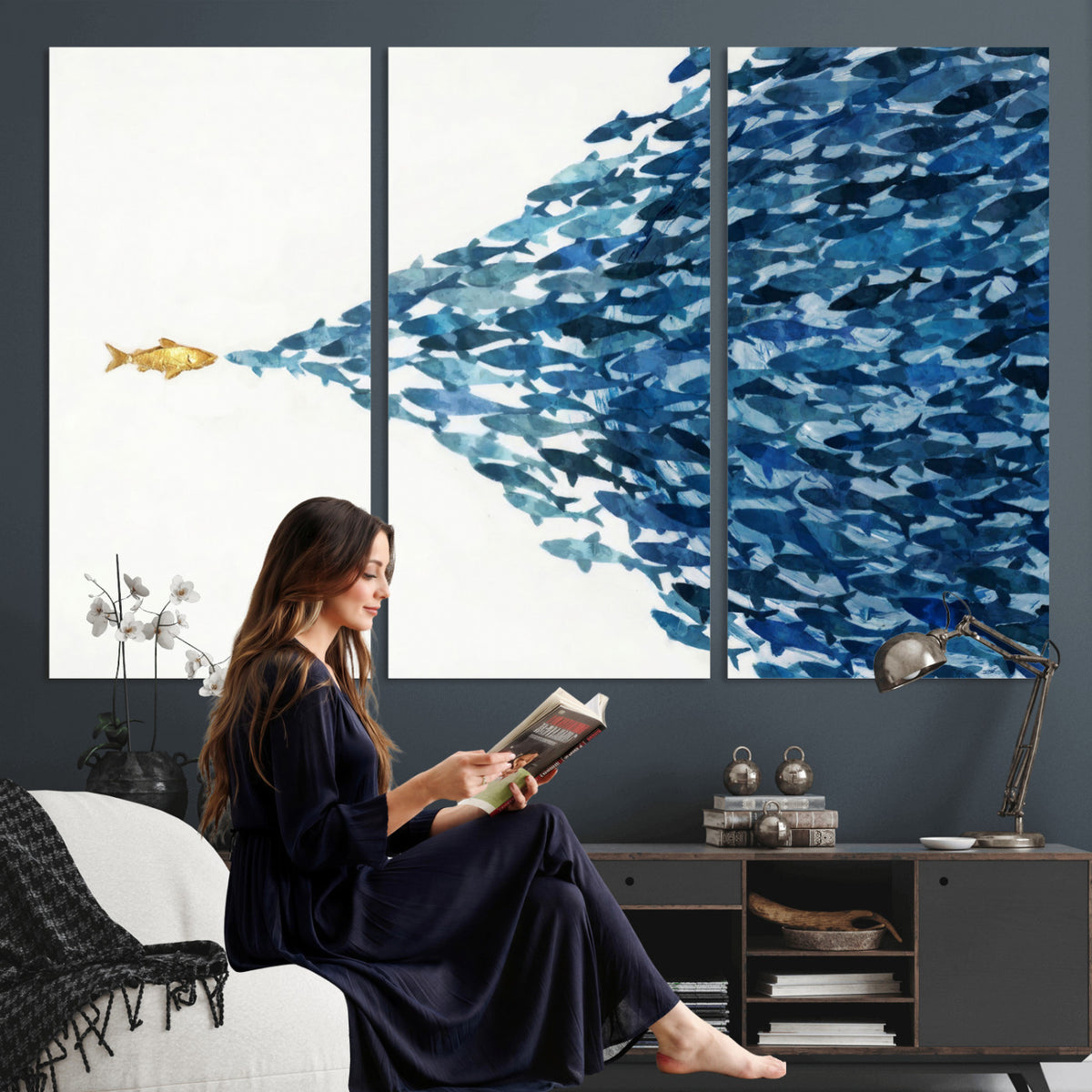 79089639-MGV-CV-36X24 - Abstract Blue Fish School Canvas Wall Art, Gold Foil Accent Marine Print