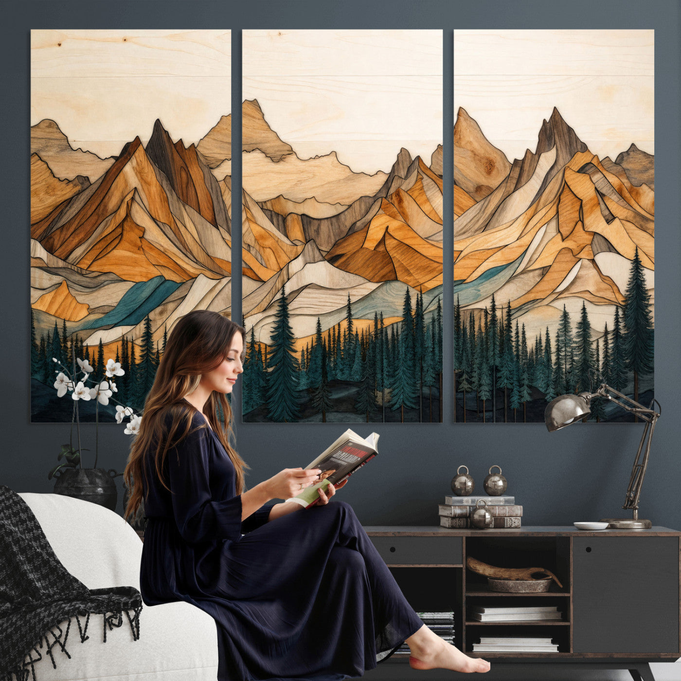 57384313-MGV-CV-48X32-3P - Mountain Landscape Canvas Wall Art with Wood Grain Effect, Golden Peaks and Teal Pine Forest, Framed Cabin Decor