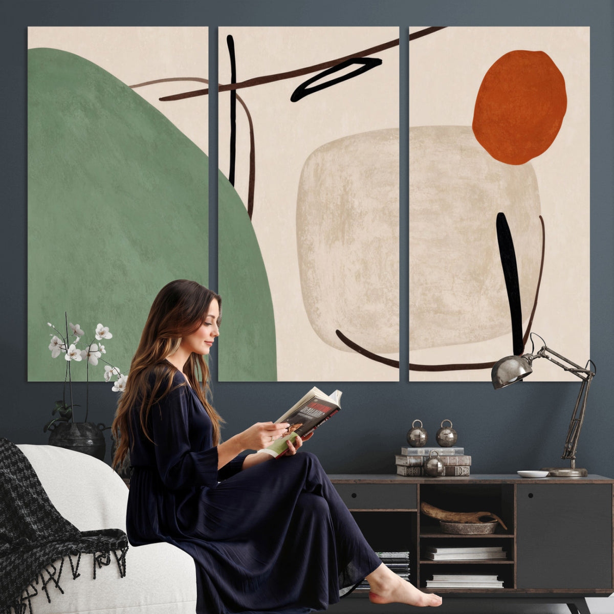 46798824-MGV-CV-48X32-3P - Mid Century Modern Geometric Canvas Wall Art, Abstract Triptych Print