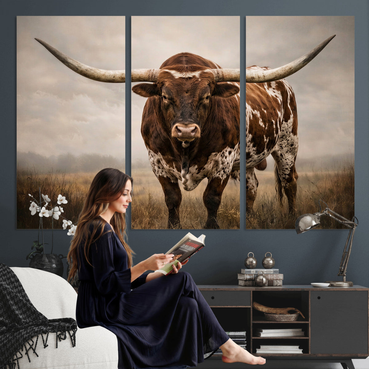 25239047A-MGV-CV-36X24 - Texas Longhorn Canvas Wall Art Western Bull Desert Moody Grey Overcast Rustic Farmhouse Framed Large for Living Room Bedroom Office Decor