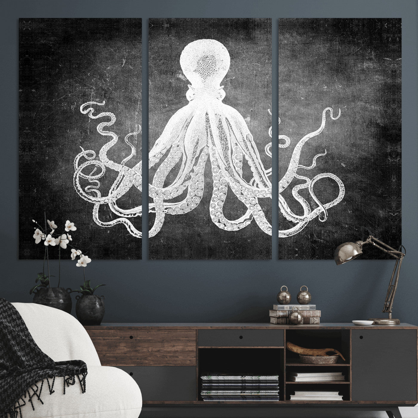 -Black White Octopus Wall Art Canvas Print