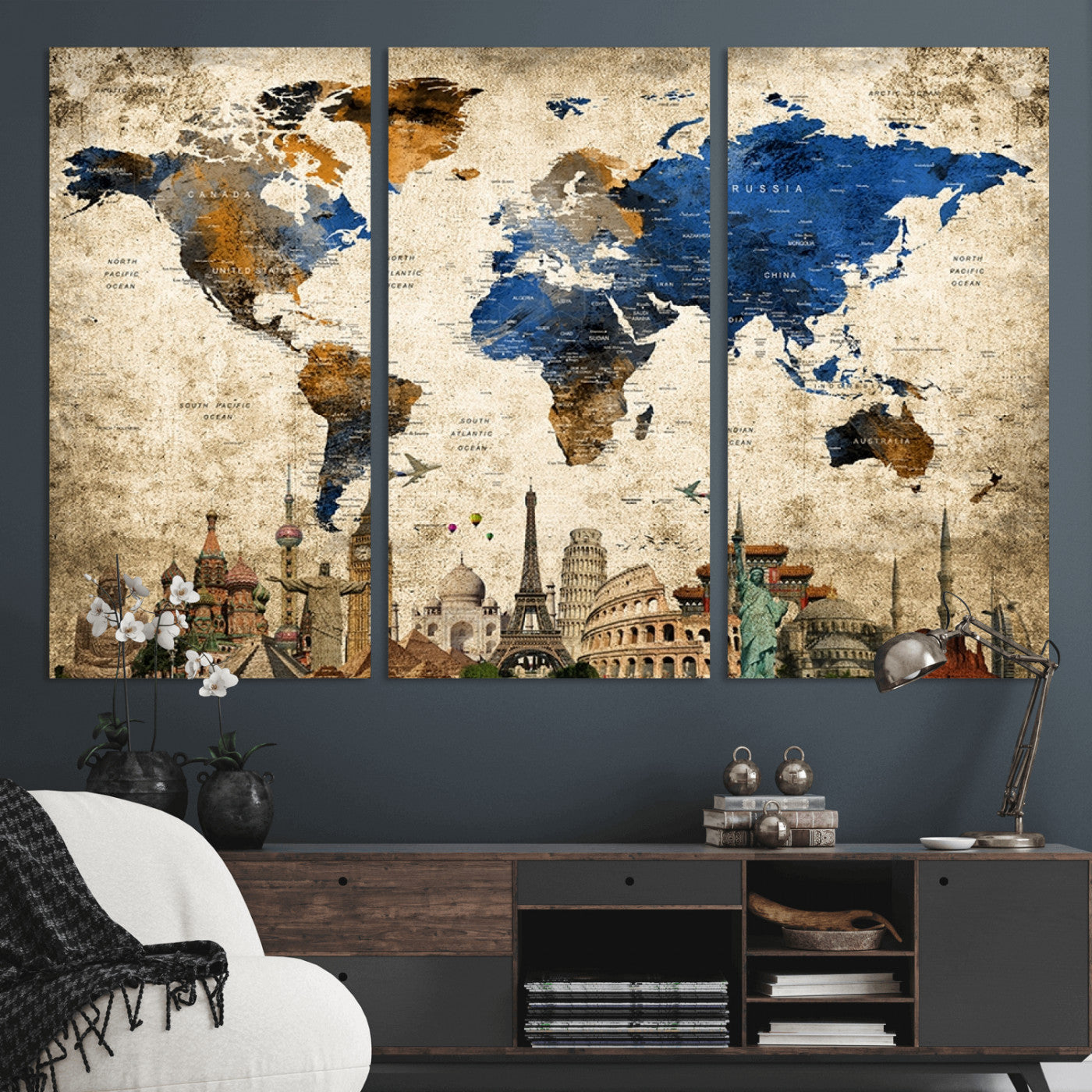 20261-MGV-CV-36X24-World Map Canvas Print – Vintage Blue and Gold World Map Wall Art, Framed Travel Inspired Decor for Living Room or Office