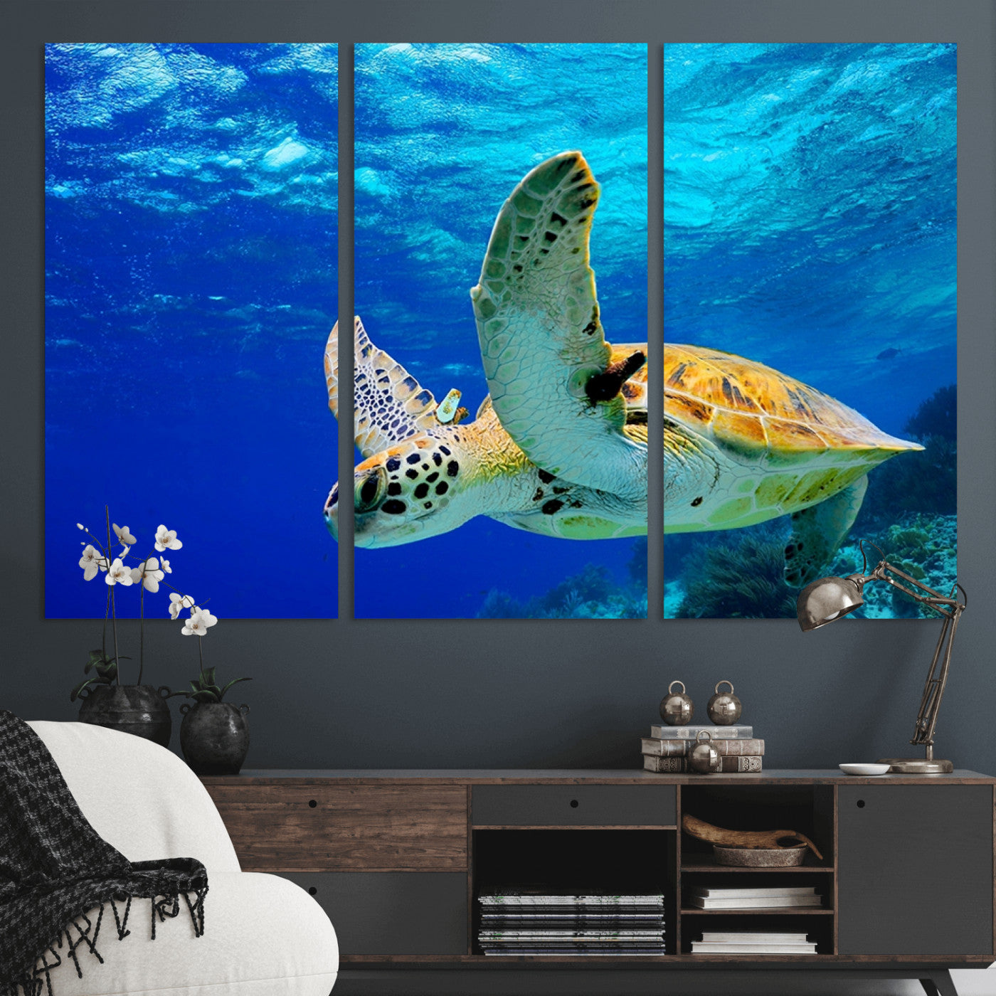 16292-MGV-CV-48X32-3P-Sea Turtle Wall Art Canvas Print, Sea life in the Ocean Wall Art Printing