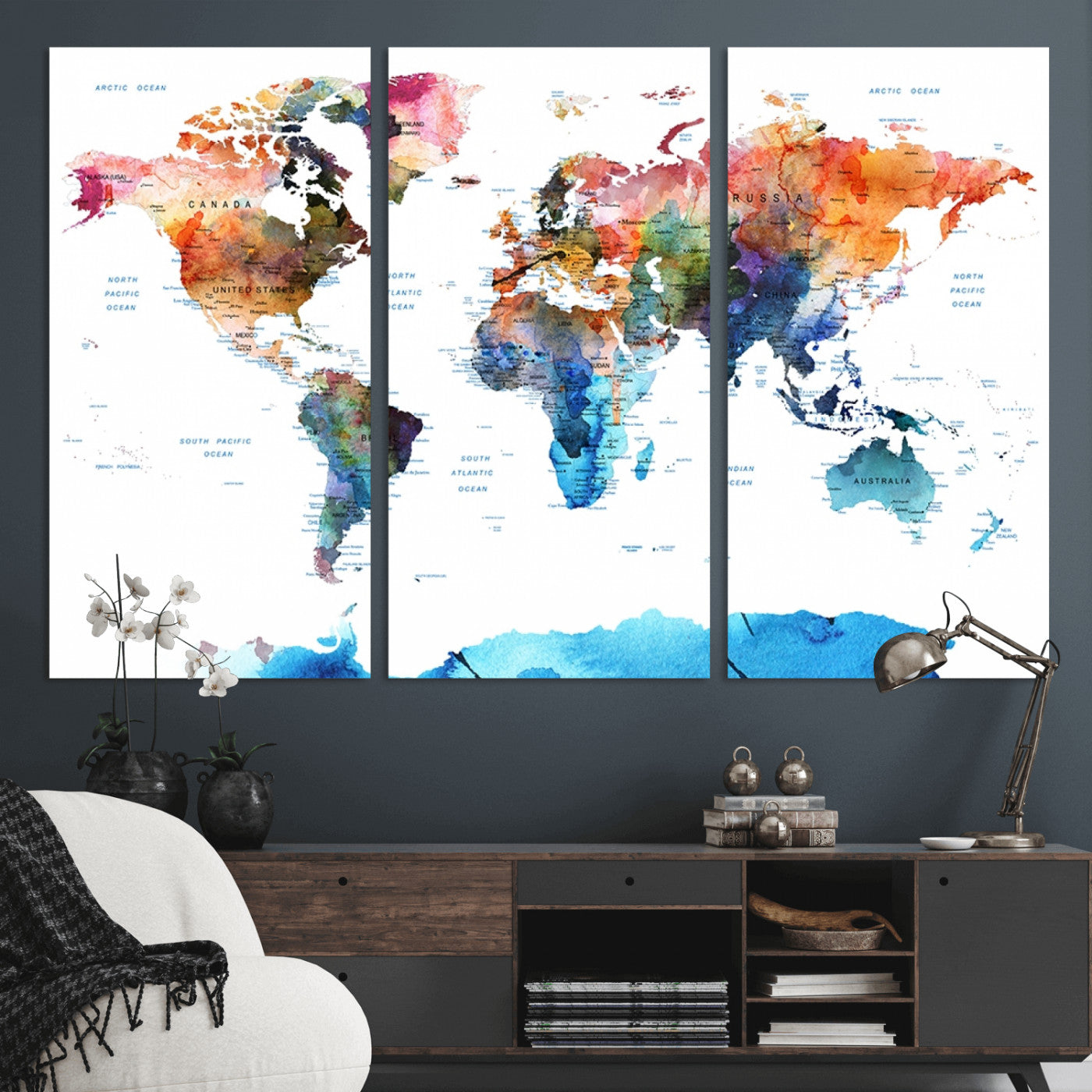 11576-MGV-CV-36X24-Vibrant Watercolor World Map Canvas Wall Art – Framed Push Pin Travel Map for Home and Office Decor, Modern Colorful Wall Artwork