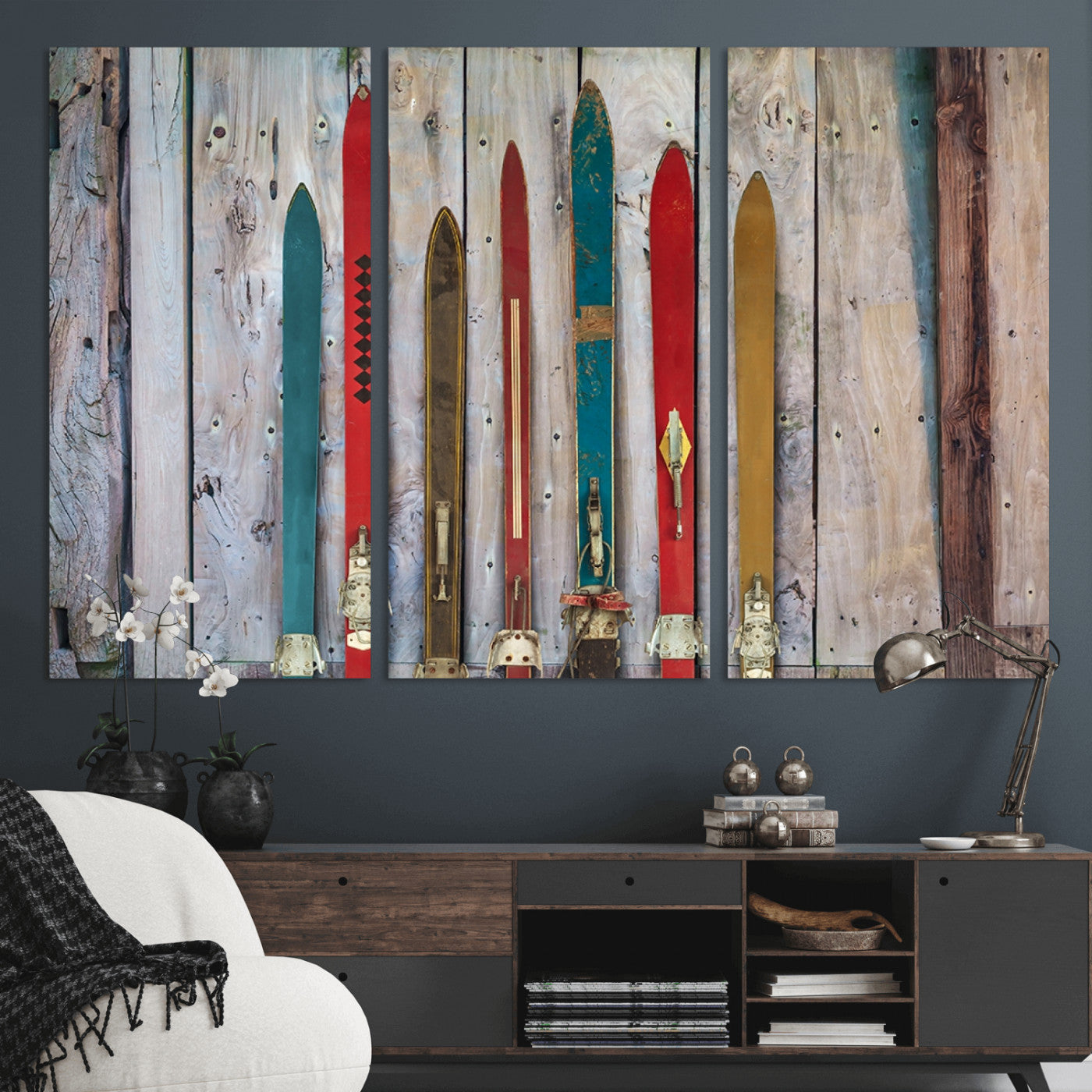 -Vintage Wooden Weathered Ski's in Front of an Old Barn Wall Art Canvas Print for Farmhouse, Cabin