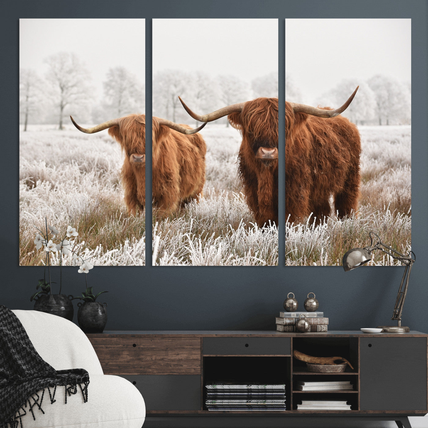-Longhorn Cattle Wall Art Canvas Print, Framed Farmhouse Style Art Picture Print, Rustic Cow Perfect Rustic Farmhouse Decor Artwork