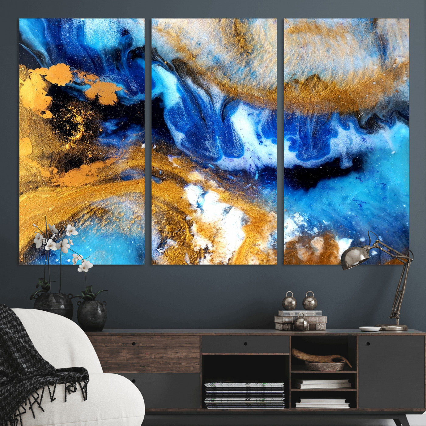 42100-MGV-CV-36X24-Blue Orange Marble Fluid Effect Canvas Wall Art Print