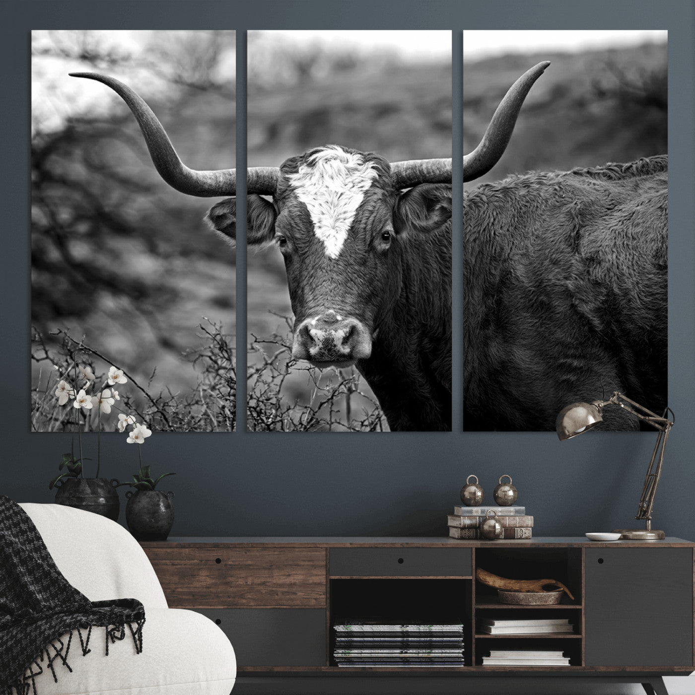 -Western Home Wall Art Canvas Print, Framed Texas Longhorn Art Picture Print, Rustic Cow Perfect Rustic Farmhouse Decor Artwork