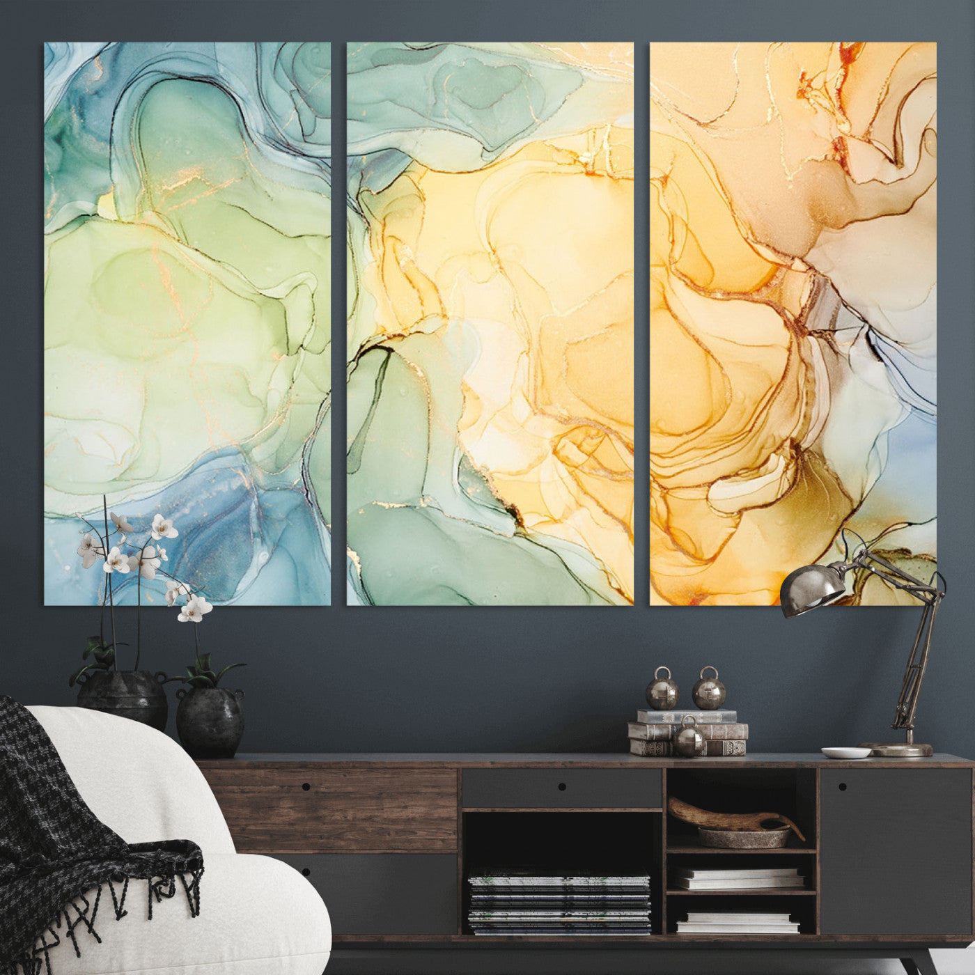 42195-MGV-CV-36X24-Green and Yellow Marble Fluid Effect Wall Art, Green and Yellow Marble Canvas Wall Art Print