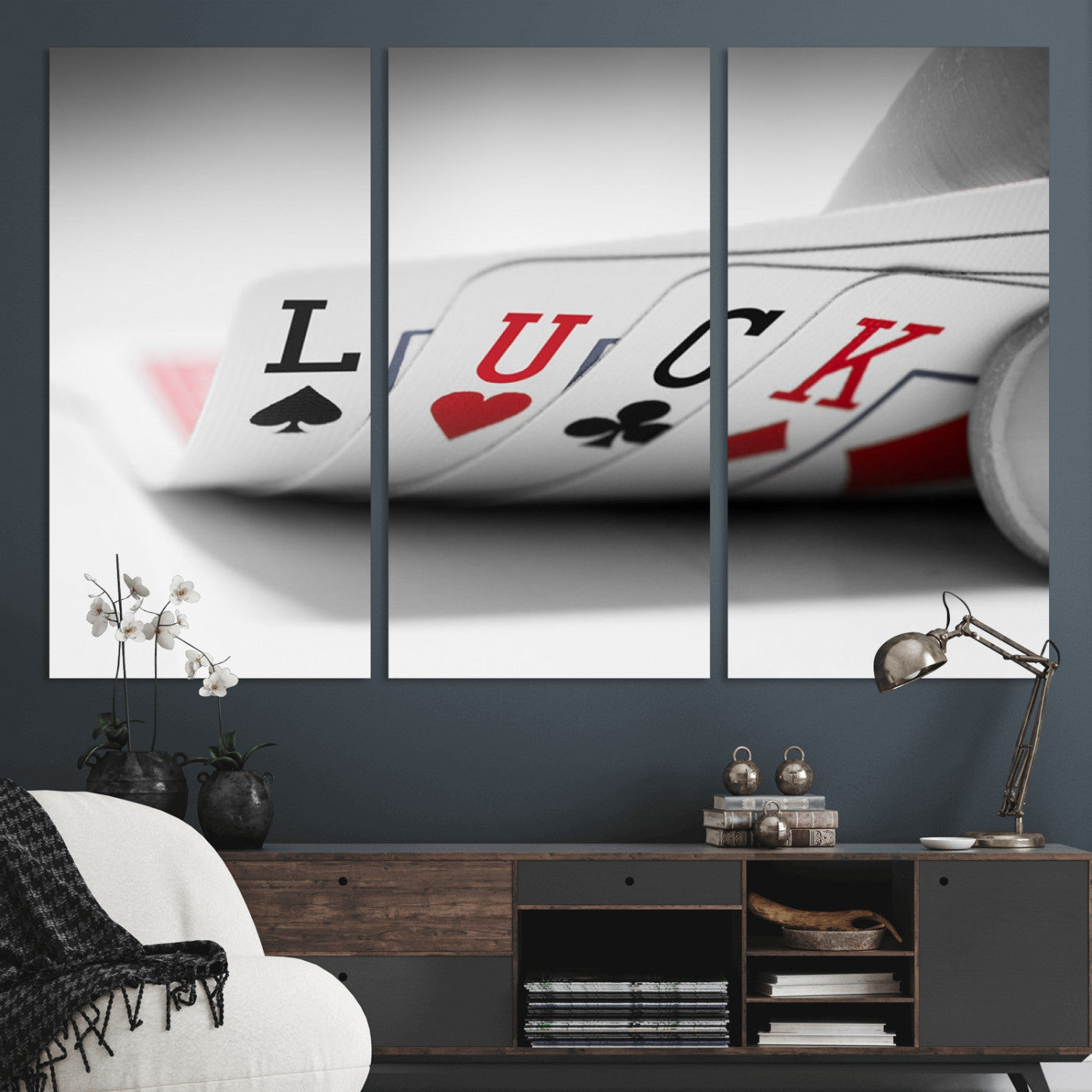 -Framed Luck Poker Cards Canvas – Modern Triptych Wall Art, Ready to Hang for Game Rooms