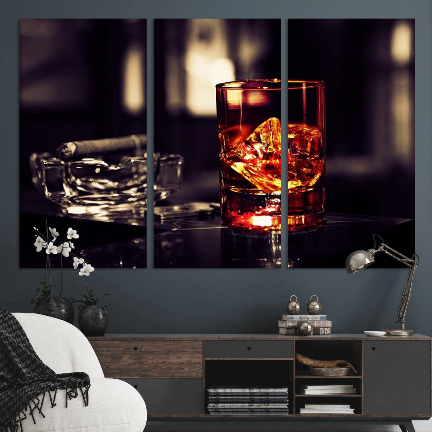 -Whiskey and Cigar Canvas – Luxurious Wall Art for Home or Bar – Glass and Cigar Scene Print Canvas