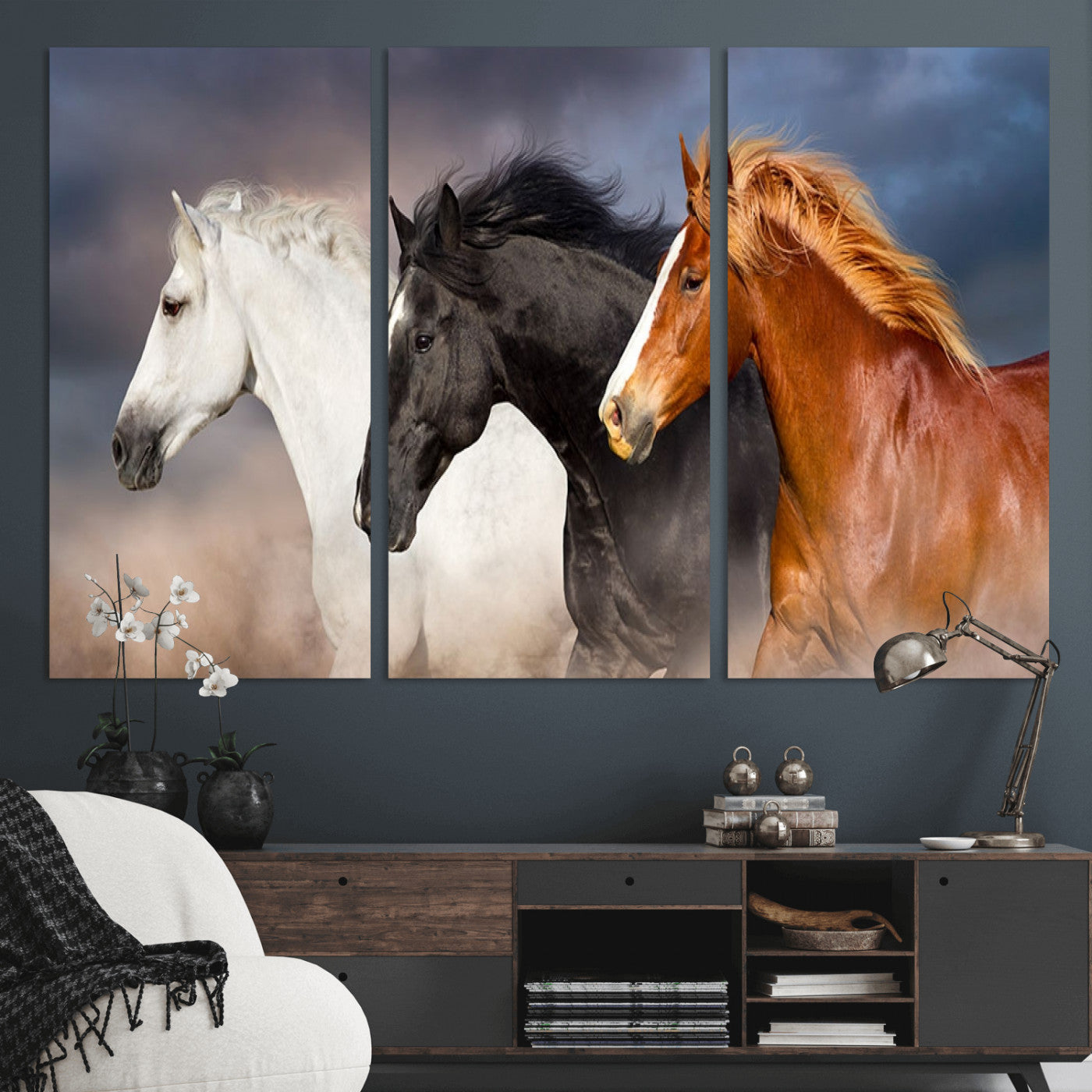 -Animal Wall Art Three Horses Farmhouse Art Canvas, Framed Three Horses Canvas Print