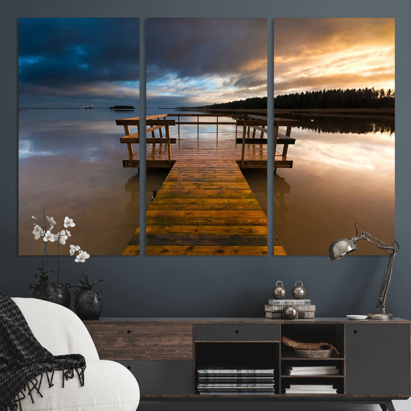 -Serene Lake Pier at Sunset Canvas Print | Landscape Canvas Print | Ready to Hang and Framed Wall Art