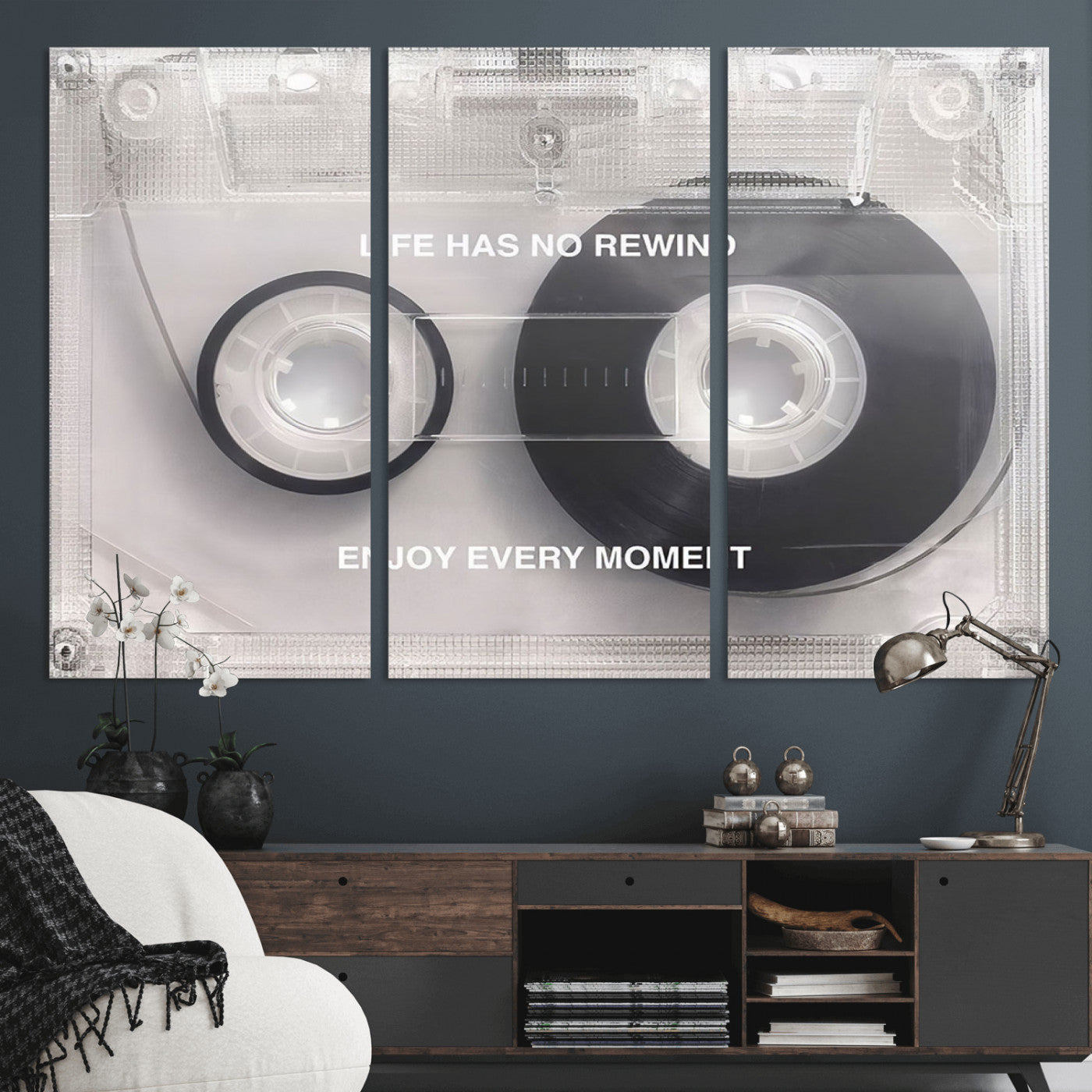 -Vintage Cassette Tape Canvas Wall Art - Inspirational 'Life Has No Rewind' Quote, Retro Music Decor
