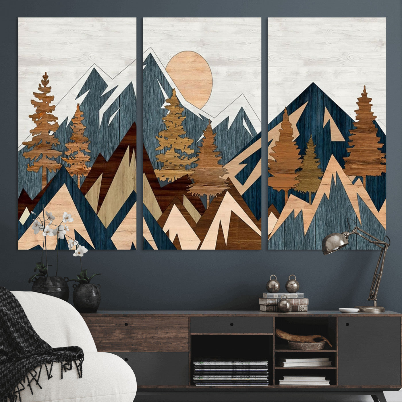 91467-MGV-CV-36X24-Abstract Wood Panel Effect Mountain Range Top Wall Art Canvas Print