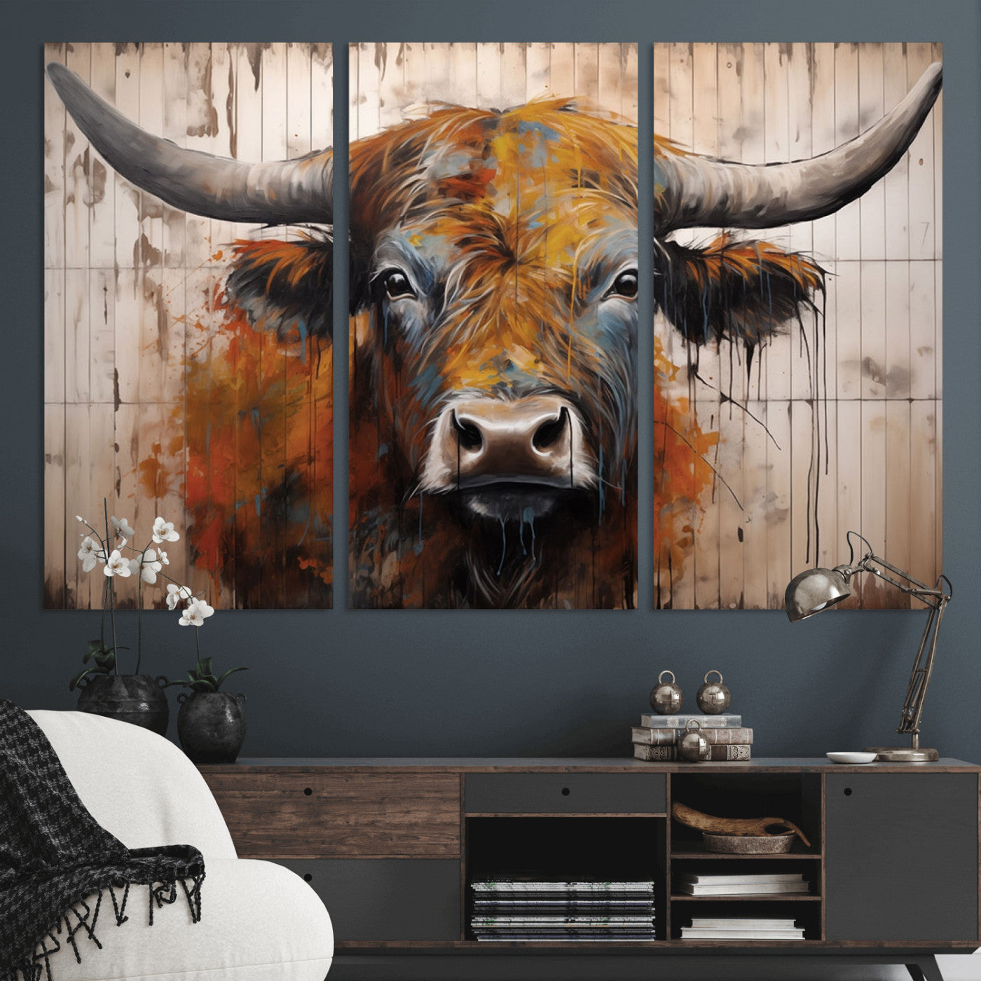 47284-MGV-CV-48X32-3P-Scottish Highland Cow Cattle Art Print on Wood Style Background
