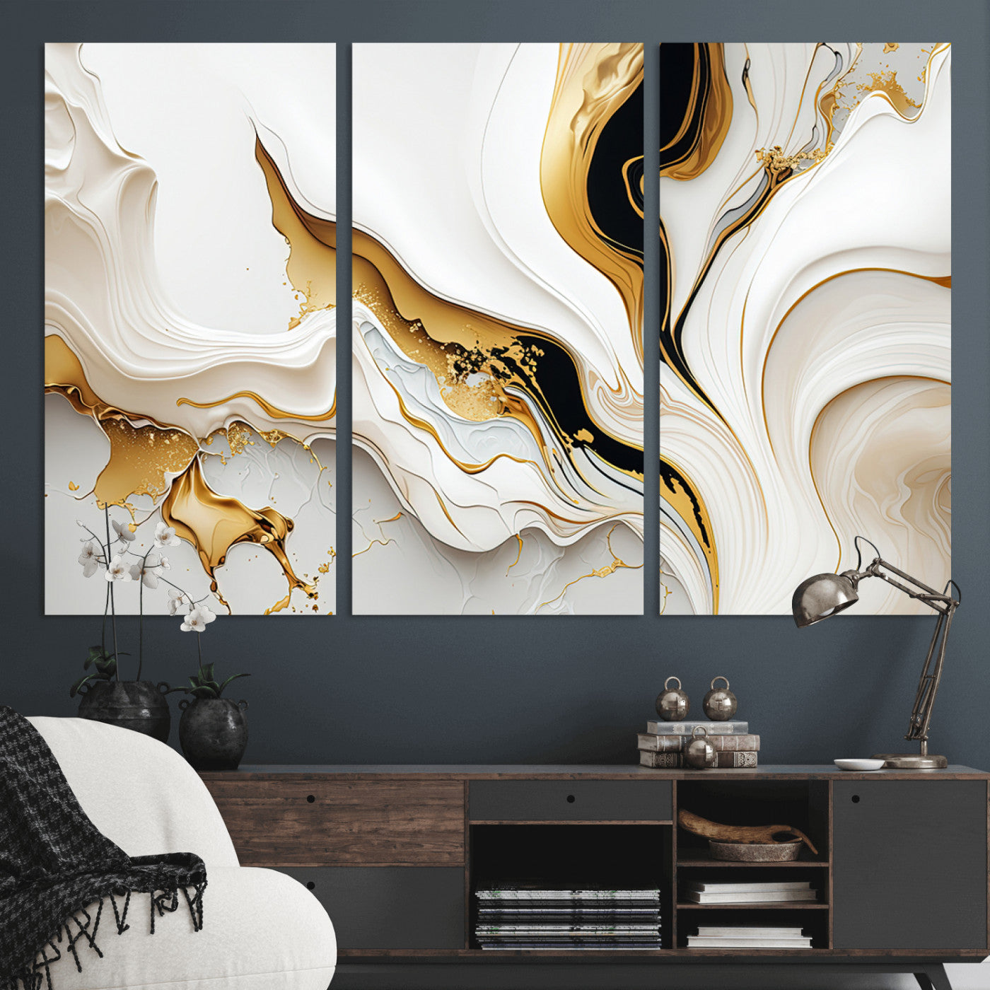 98637-MGV-CV-36X24-Gold Waves on Pure White Canvas – Gold Abstract Art for Modern Interiors | Wall Art Canvas, Framed &