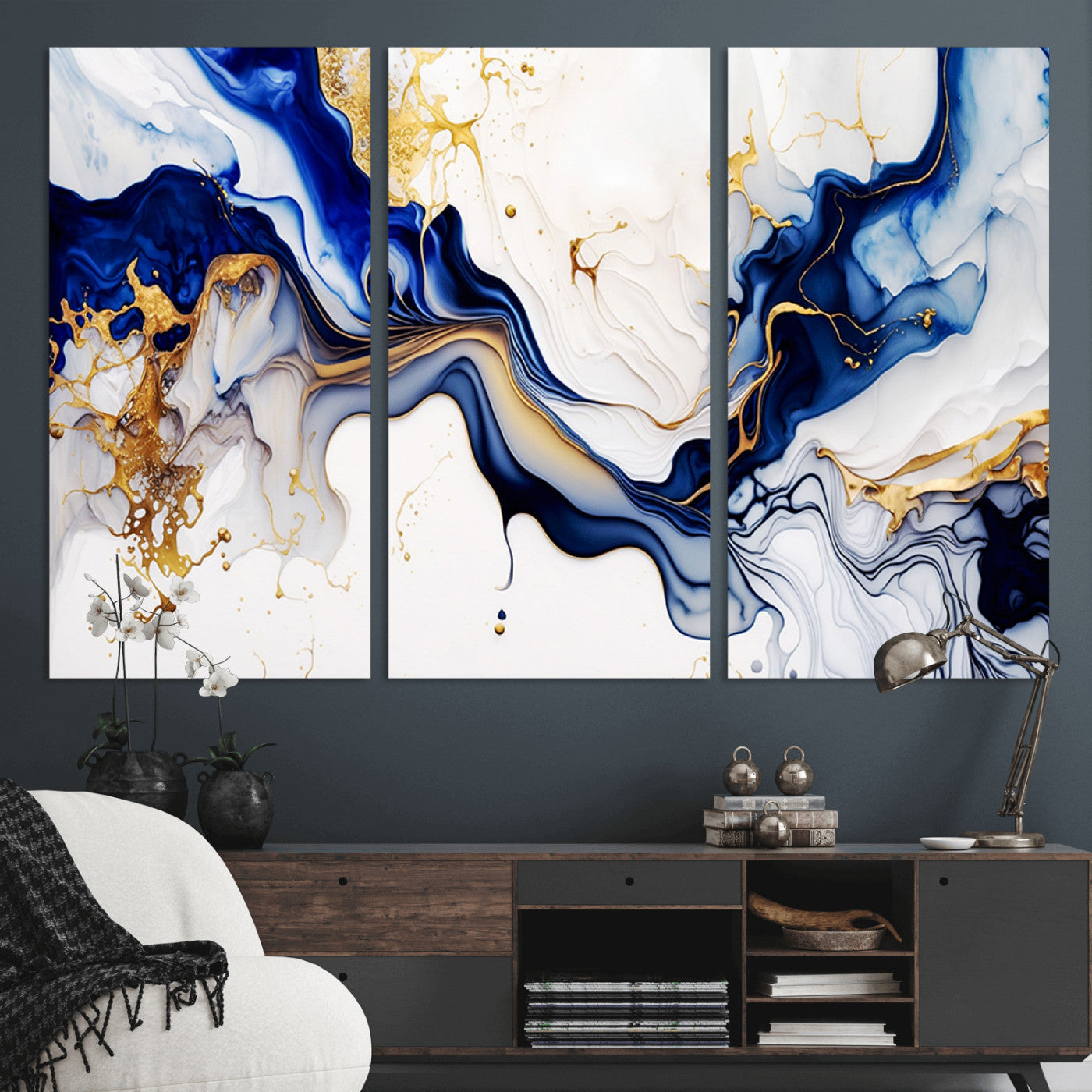 93392-MGV-CV-36X24-Golden Cascades on Midnight Blue – Deep Blue Abstract Wall Art Flowing Elegance | Wall Art Canvas,