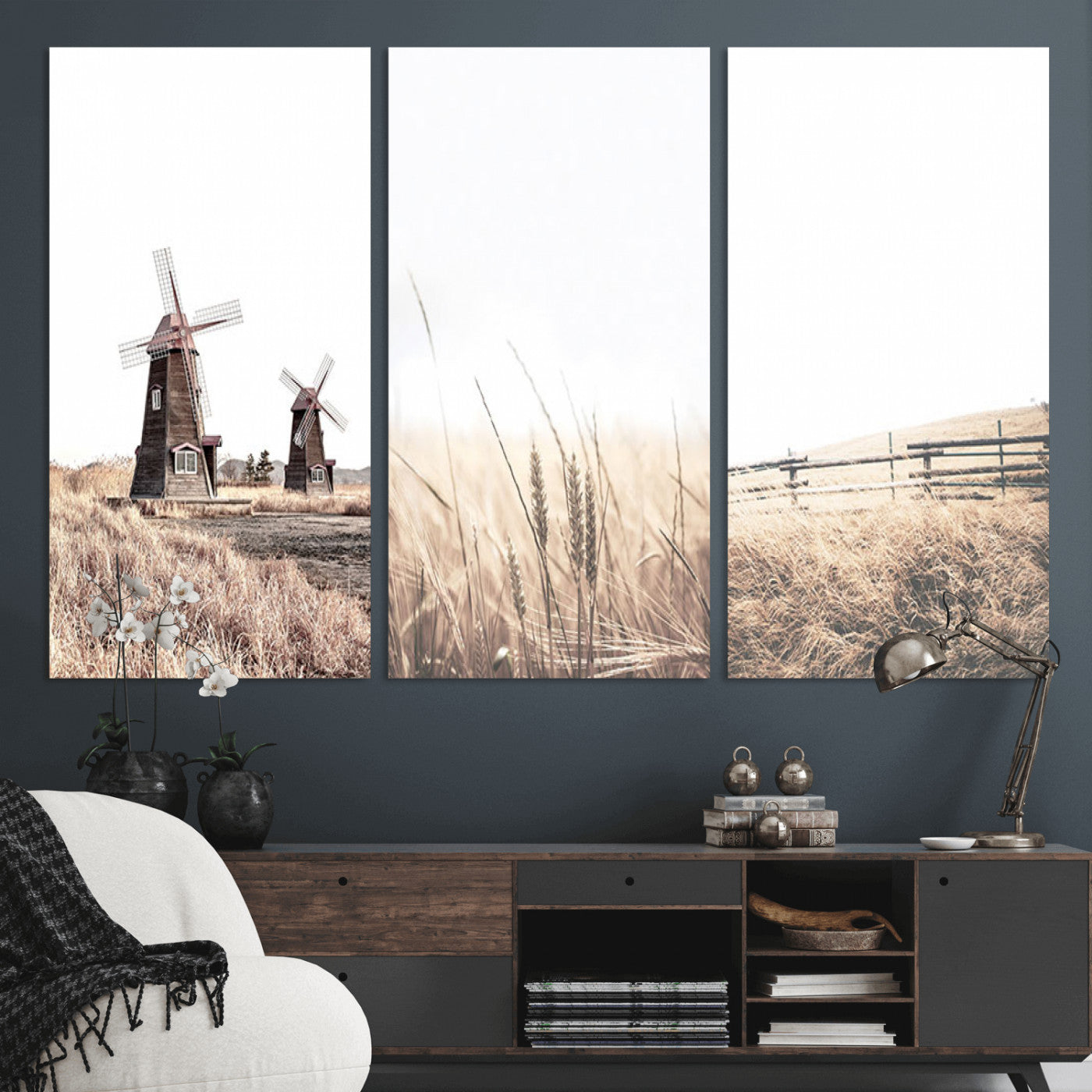 56649-MGV-CV-36X24-Farm Prints Set, Set of 3 Farmhouse Wall Art, Country House Decor, Barn Print, Wheat Print,