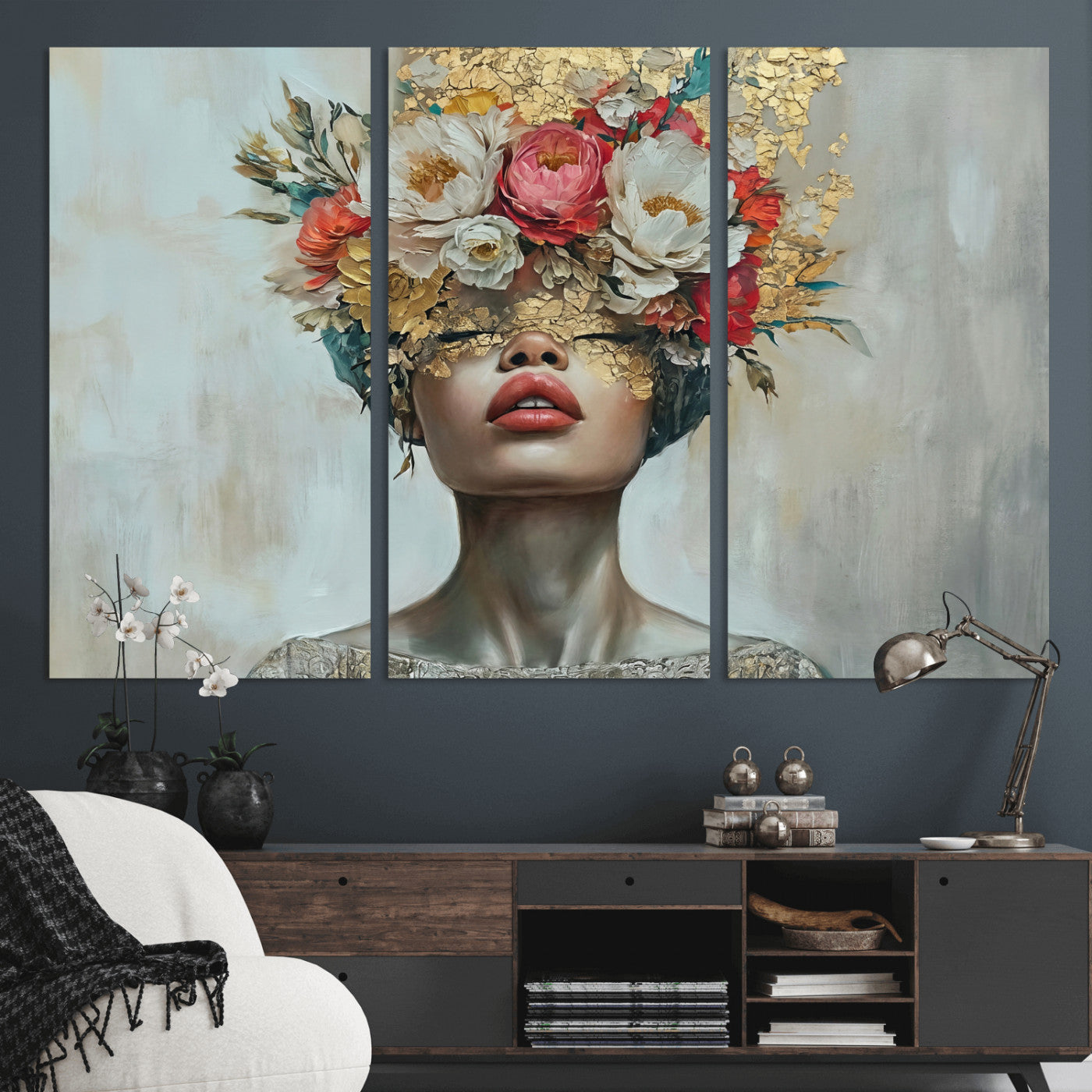 26919-MGV-CV-36X24 - Golden Petal Wall Art Canvas Print - Silhouette Woman Wall Art Canvas Print, Floral Woman Portrait