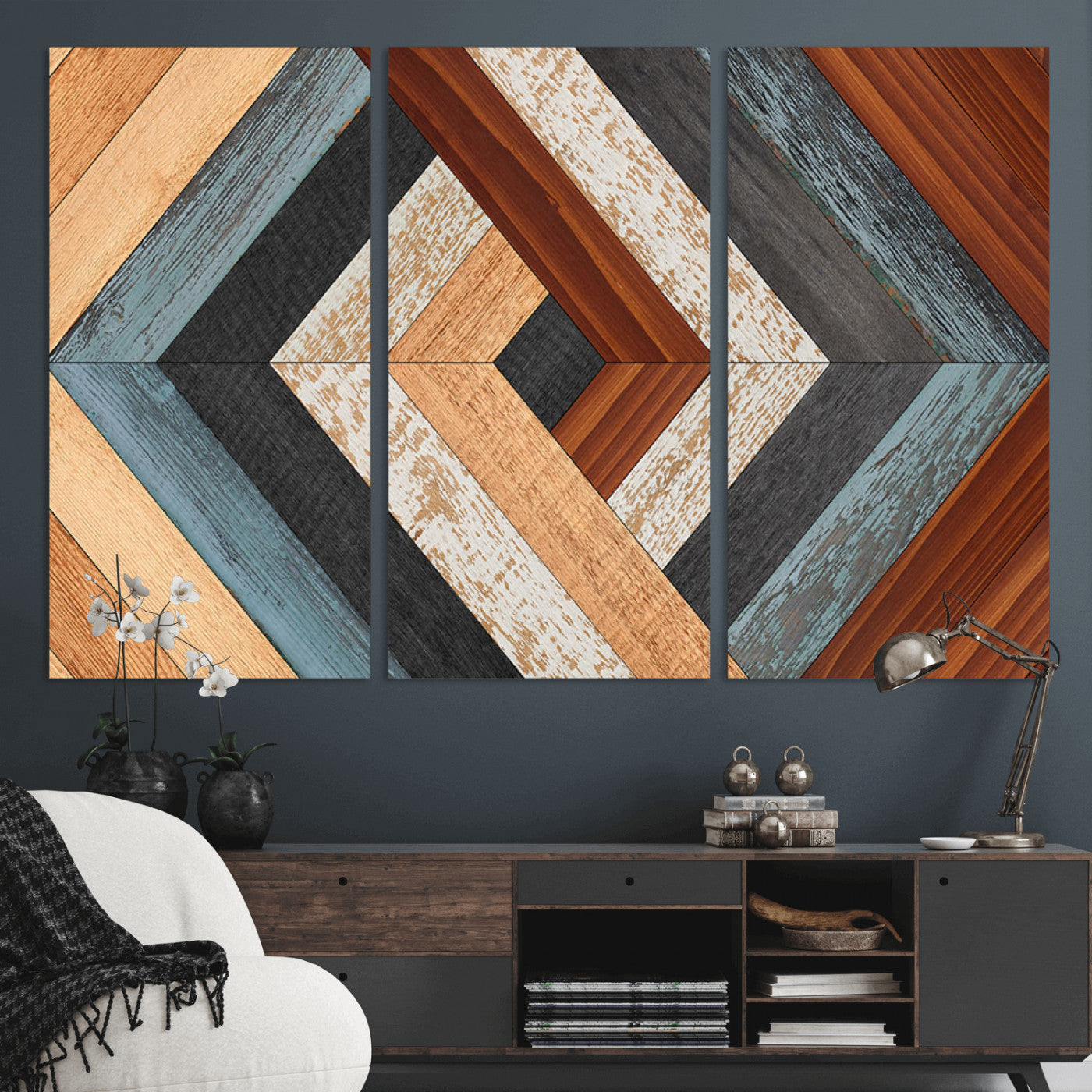 20897-MGV-CV-36X24-Geometric Wood Art Wall Decor Canvas Print, Rustic Wooden Pattern Triptych Wall Art for Living Room