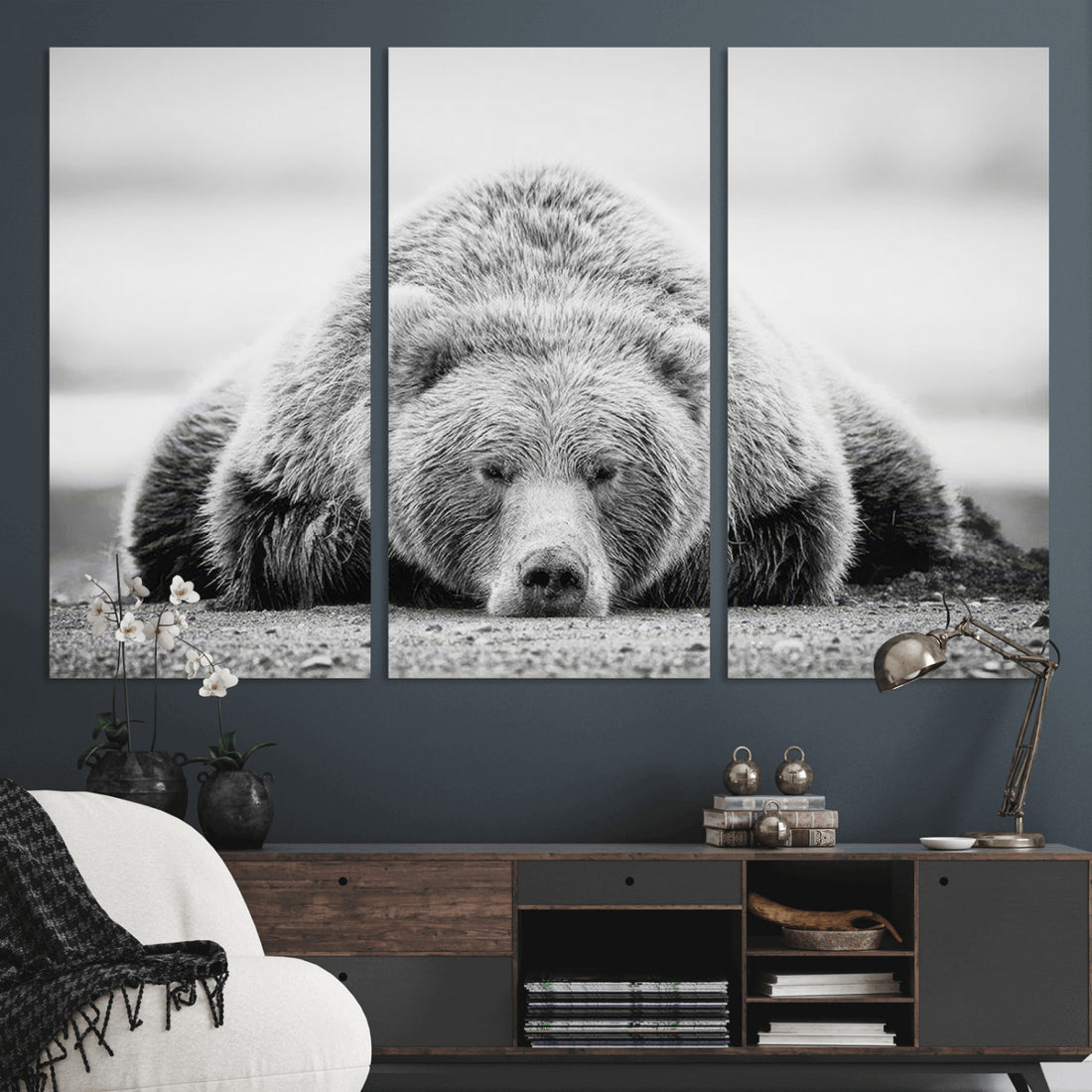 Resting Grizzly Bear Wall Art Canvas Print, Majestic Black and White Wildlife Bear Art