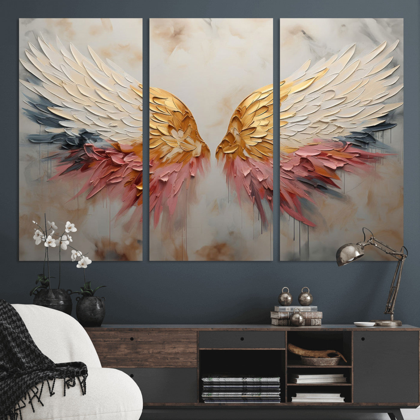 10697-MGV-CV-36X24-Golden Angel Wings Wall Art Canvas Print – Stunning Abstract Winged Art for Elegant Home Decor –
