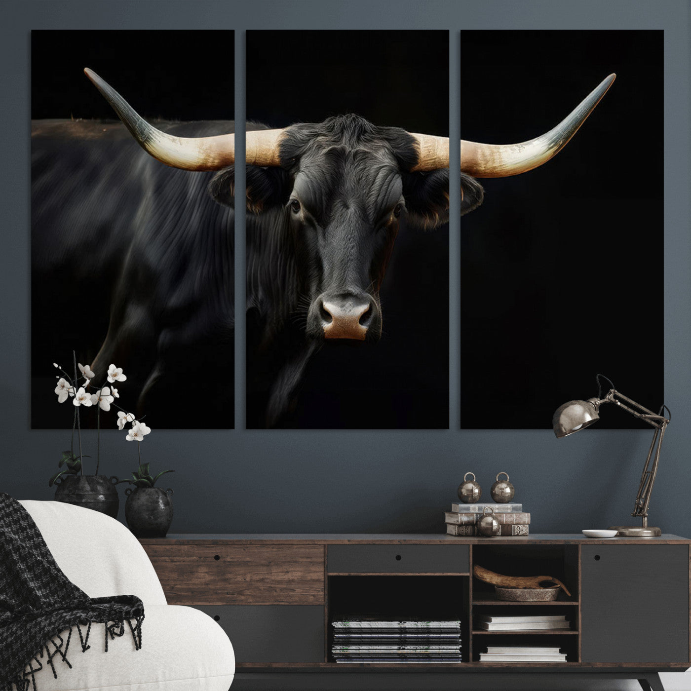 -Black Bull Wall Art – Majestic Longhorn Canvas Print with Dark Background, Rustic Western Farmhouse Decor for Living Room or Office