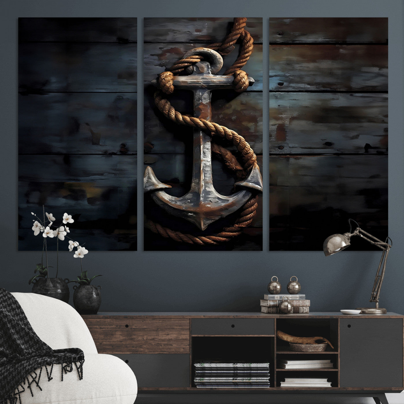 -3 Panel Grunge Abstract Anchor Wall Art Canvas Print Set