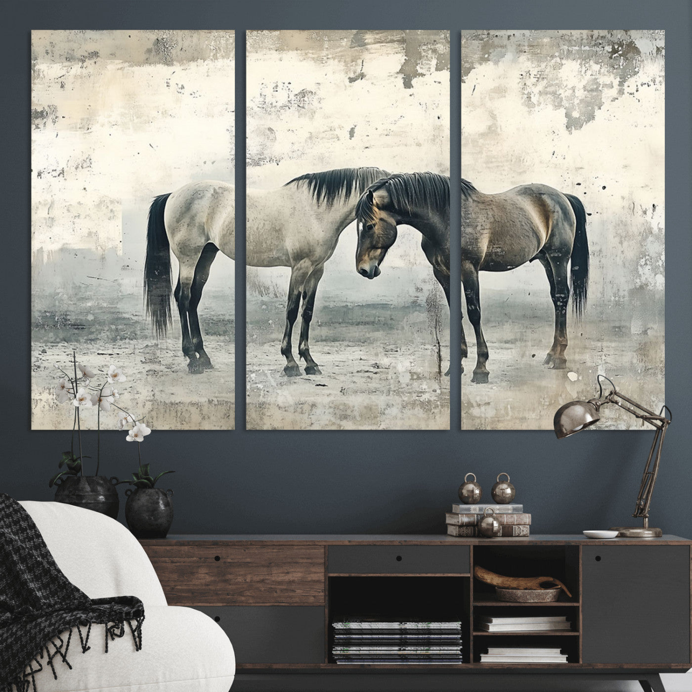 -Chines Style Majestic Horses Wall Art | Ready to Hang and Framed Triptych Print | Western Farmhouse