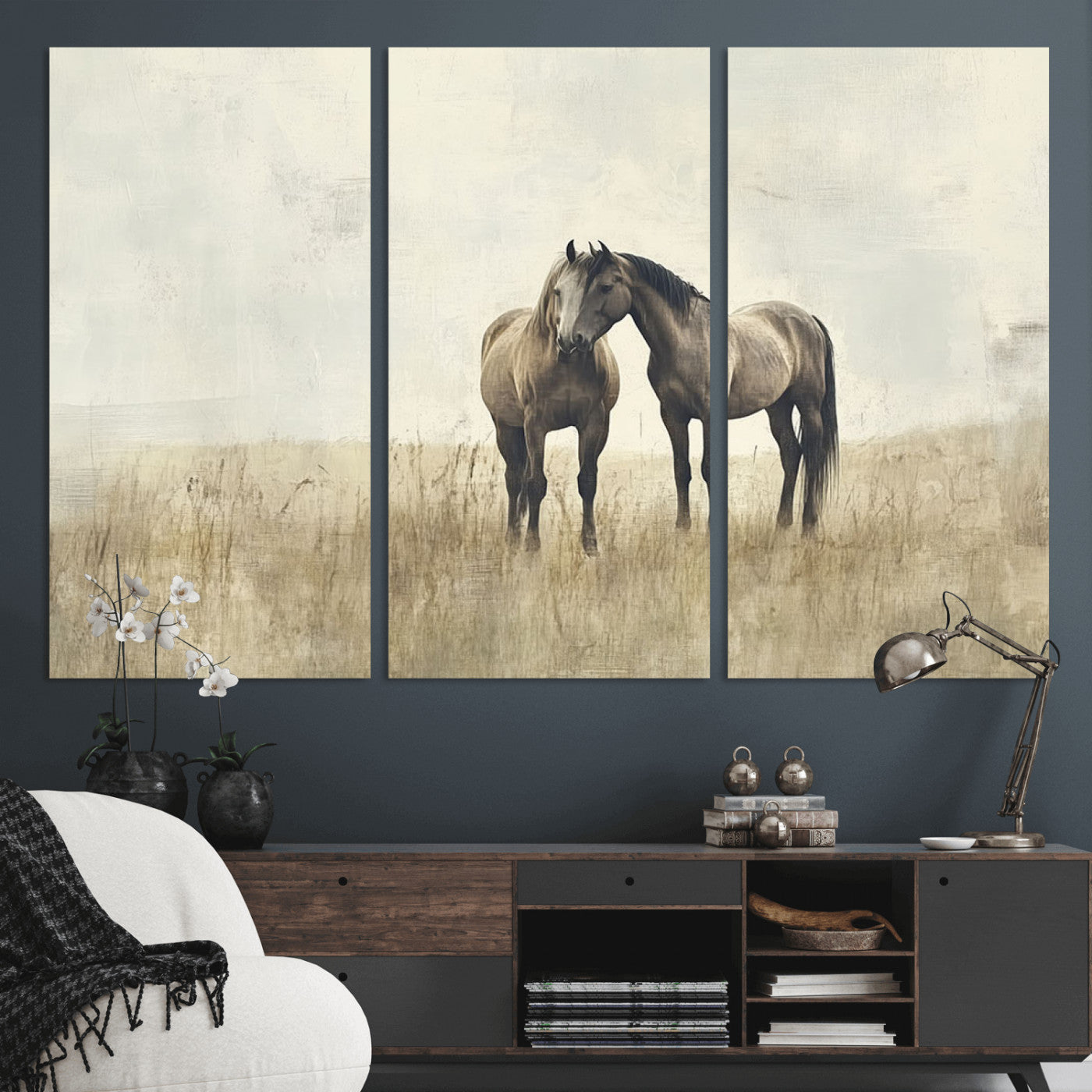 -Chines Style Grunge Horses Wall Art Canvas Print