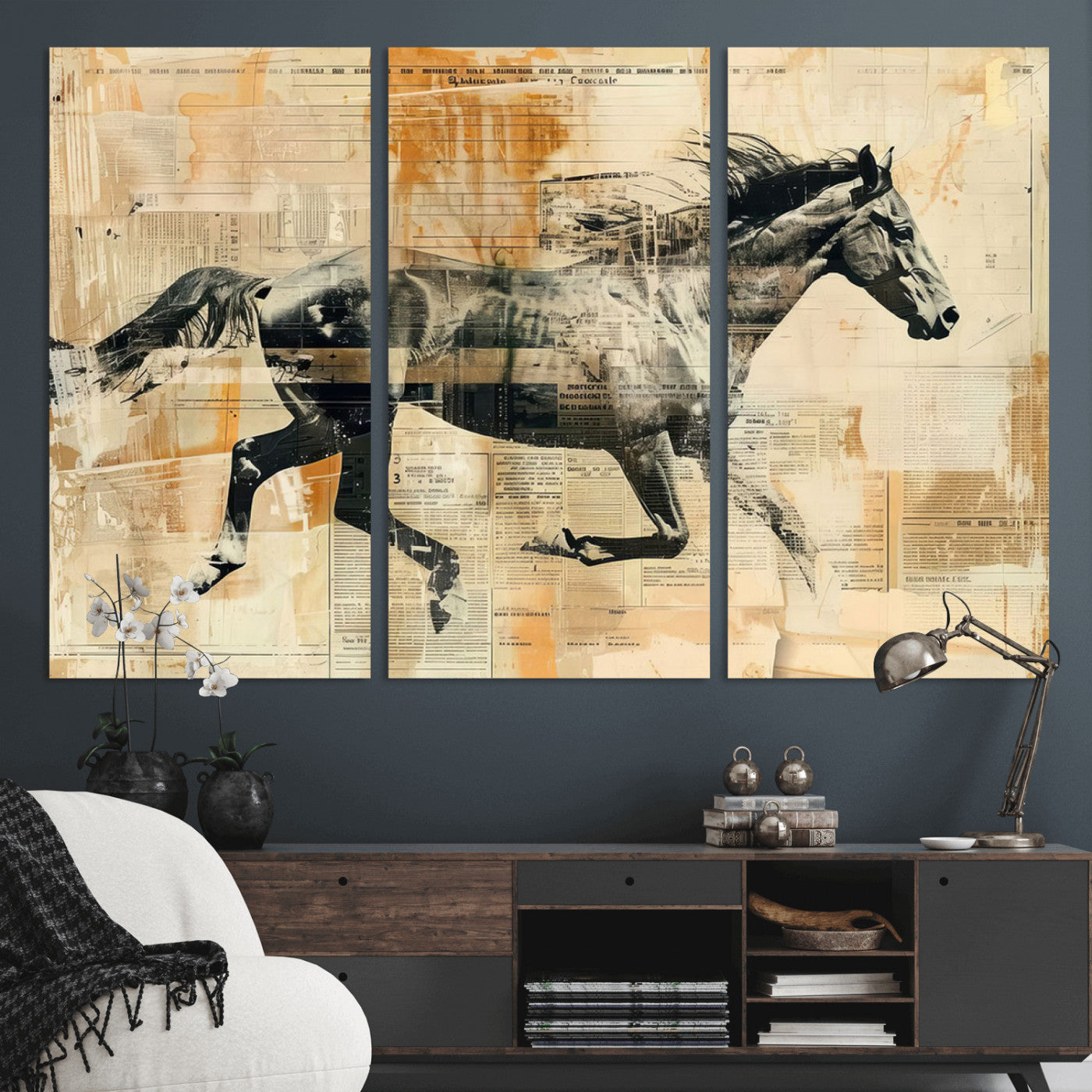 -Chines Style Running Horse Western Wall Art | Farmhouse Wall Decor | Ready to Hang Framed Canvas