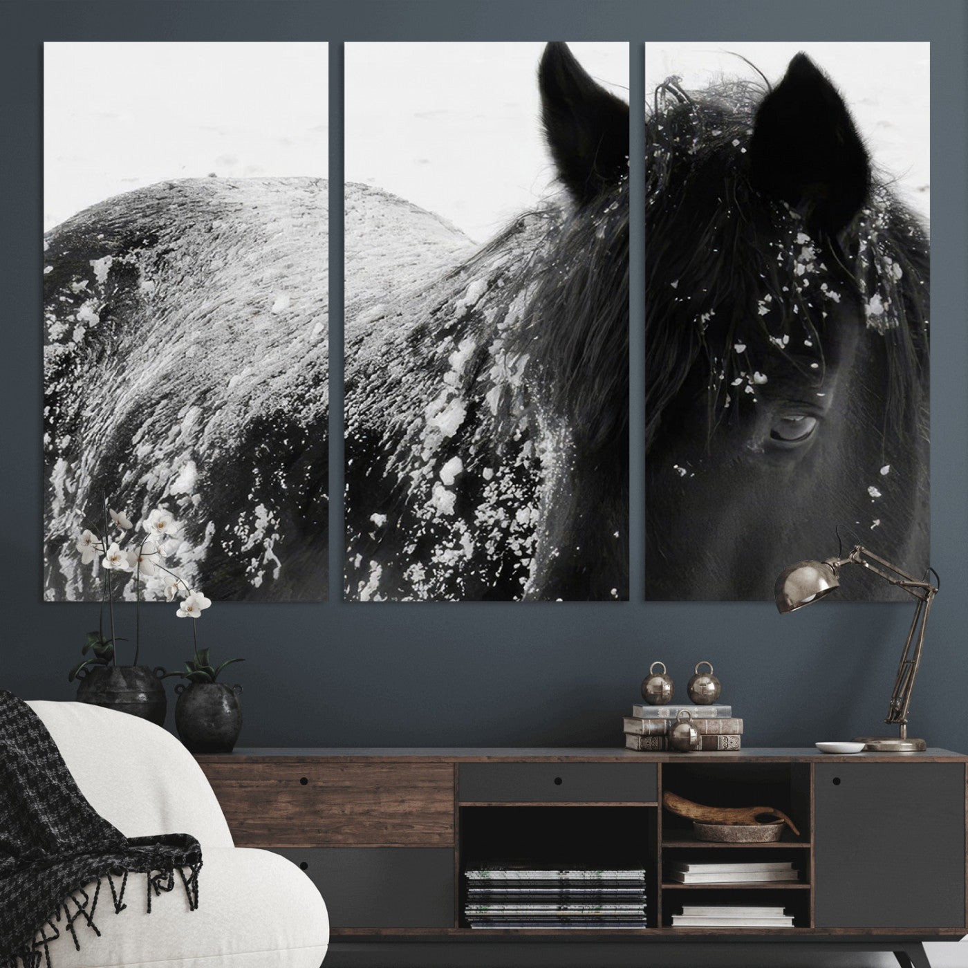 -Black Horse in Snow Canvas Print | Winter Horse Wall Art | Ready to Hang and Framed | Farmhouse Wall