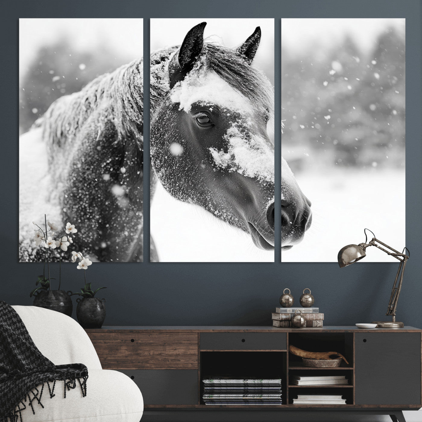 -Black Horse Winter Wall Art | Ready to Hang and Framed | Farmhouse and Western Wall Decor for Living