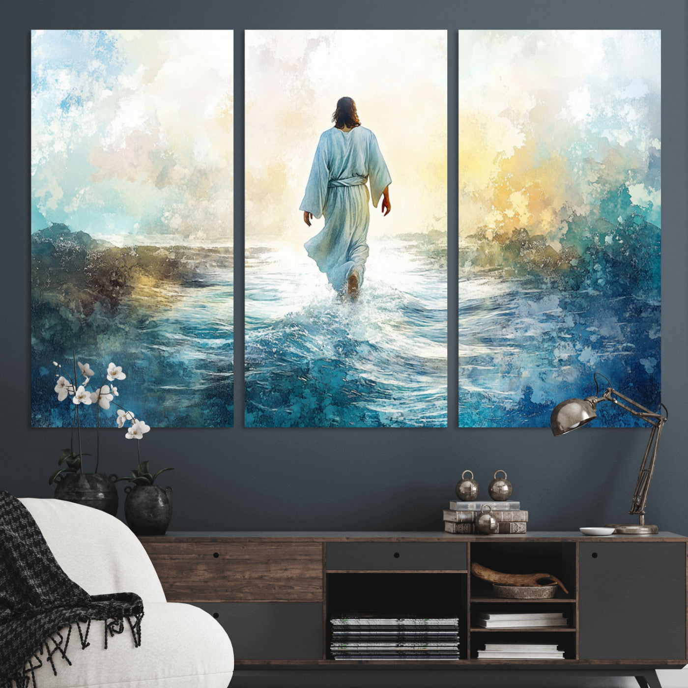 -Watercolor Jesus Walking on Water Canvas Print, Christian Wall Art, Jesus Christ Walking